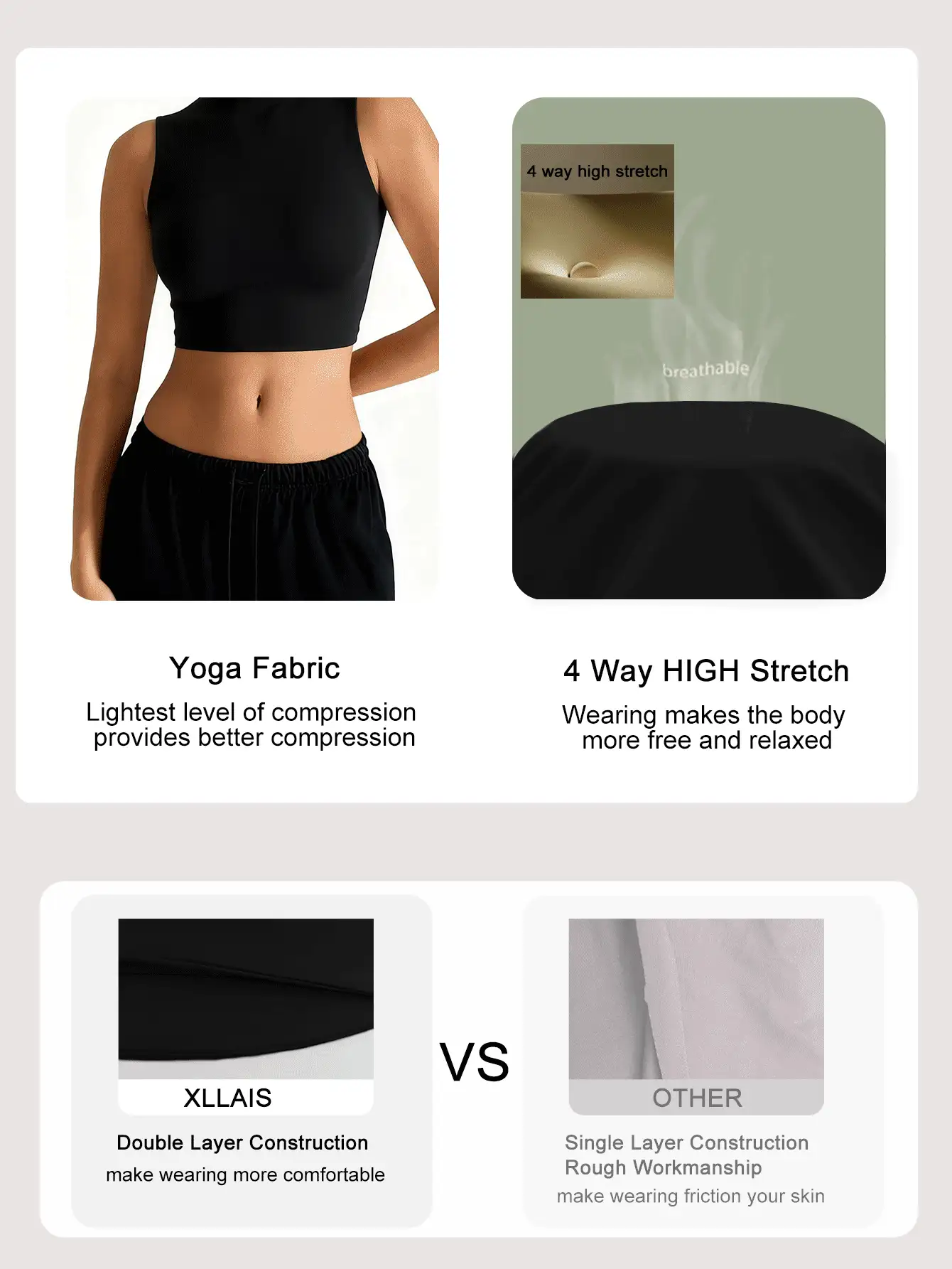 XLLAIS Regata Esportiva Feminina de Gola Careca Ajustada, Colete Básico de Dupla Camada de Alta Elasticidade para Fitness, Verão - Preto - Visão 5
