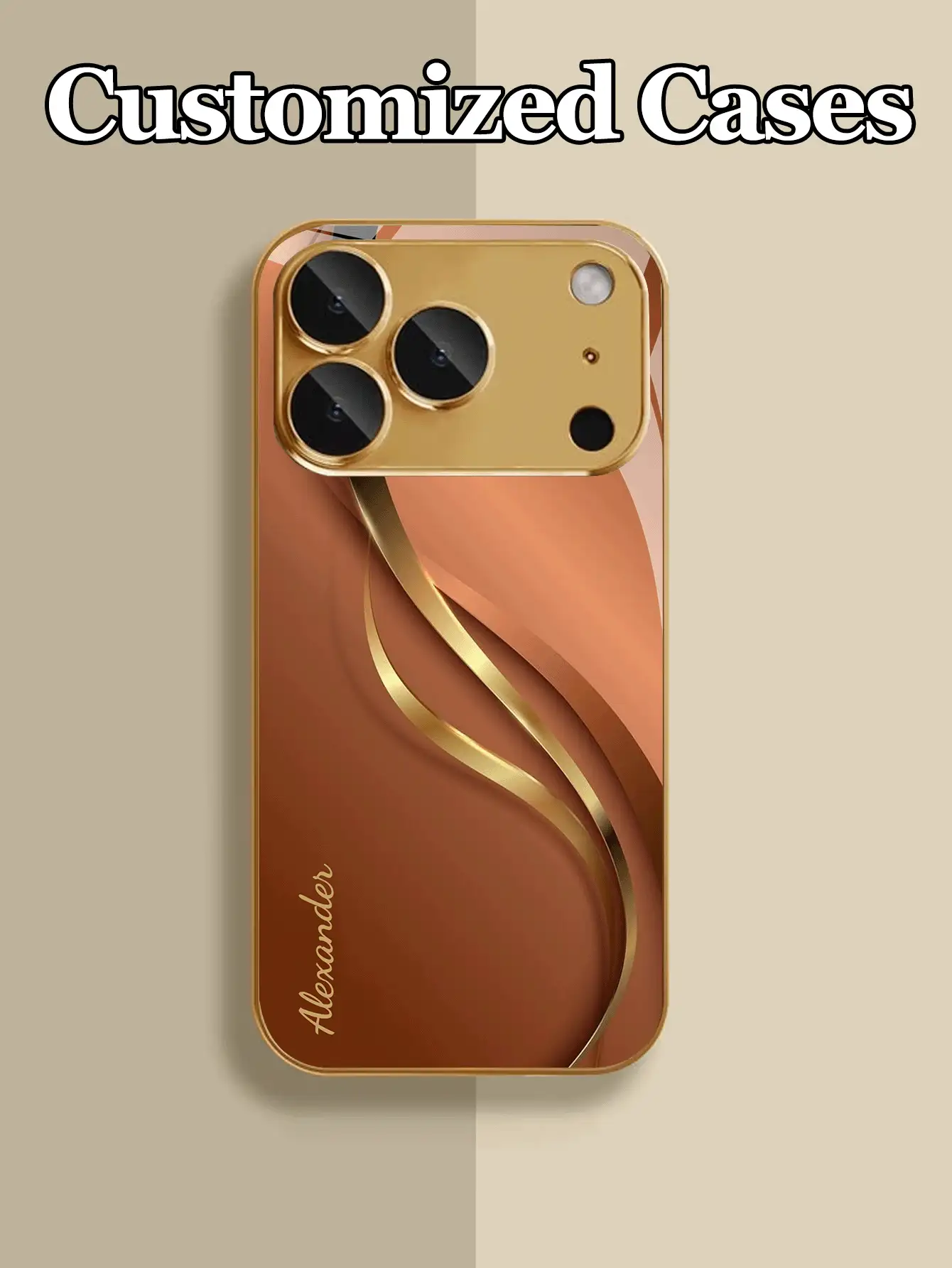 1 Stück individuell bedruckbare Handyhülle aus vergoldetem, glattem Glas mit Kurvendesign, geeignet für iPhone 17 Pro Max/17 Air/16/15/13/12/11/XS Max/6 7 8 Plus, hochwertige Geschäftsausstattung, luxuriöse Mode, integrierter Linsenschutz, Geschenk zu Feiertagen, Geburtstag, für Paare, Haustiere, Freunde, Klassenkameraden, Geschwister, Familie, modischer hochauflösender Schutzüberzug - Gold - Übersicht 3
