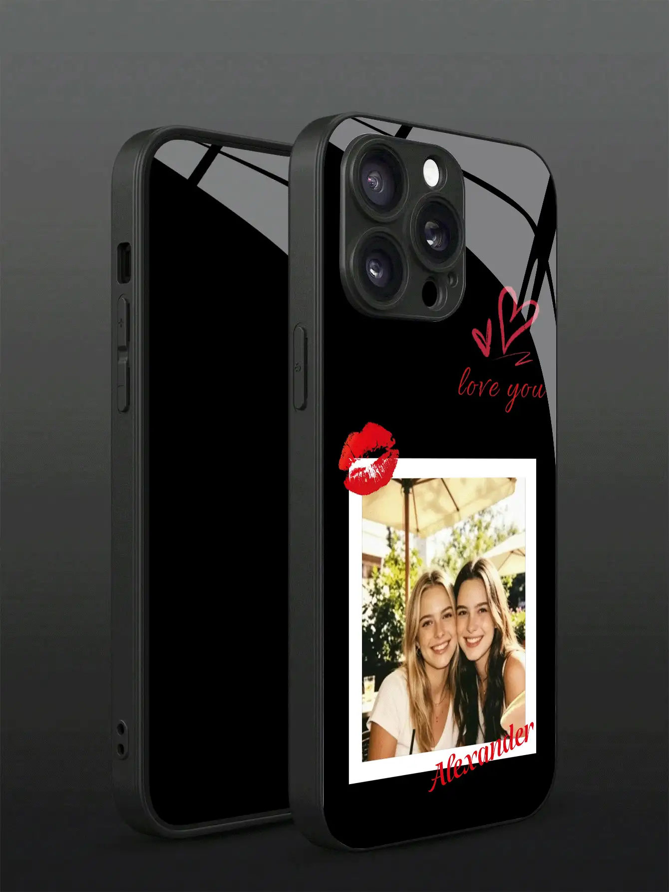 1 carcasă de telefon personalizabilă cu fotografie și text, cu design minimalist cu buze roșii, material din sticlă securizată, compatibilă cu 17 ProMax/17 Air/15/16 Pro/14 Plus/13 Pro/12 Pro Max/11/Xs Max/8/7/6 Plus, S24 Ultra/S25 Ultra, NOTE 13/14, K40, Mi 11, cadou ideal pentru Ziua Îndrăgostiților, nuntă, aniversare pentru iubit, iubită, familie, prieteni, bunici, cupluri - Negru - Vizualizare 2