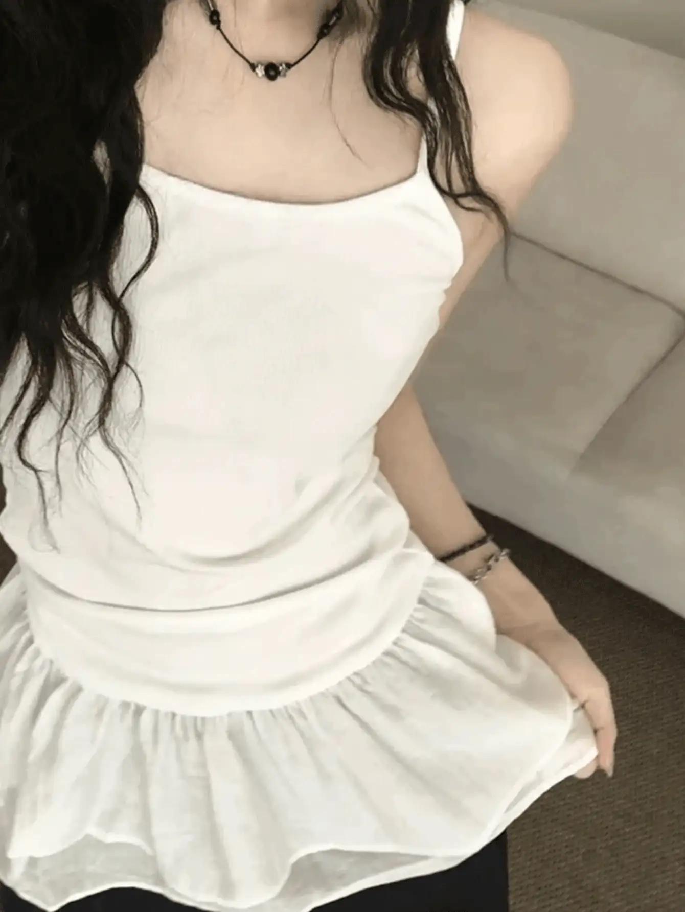 Korean Style Ruffle Hem Patchwork Camisole White Atmosphere Regular Tank Top Women's Summer Clothing Casual - White - View 5
