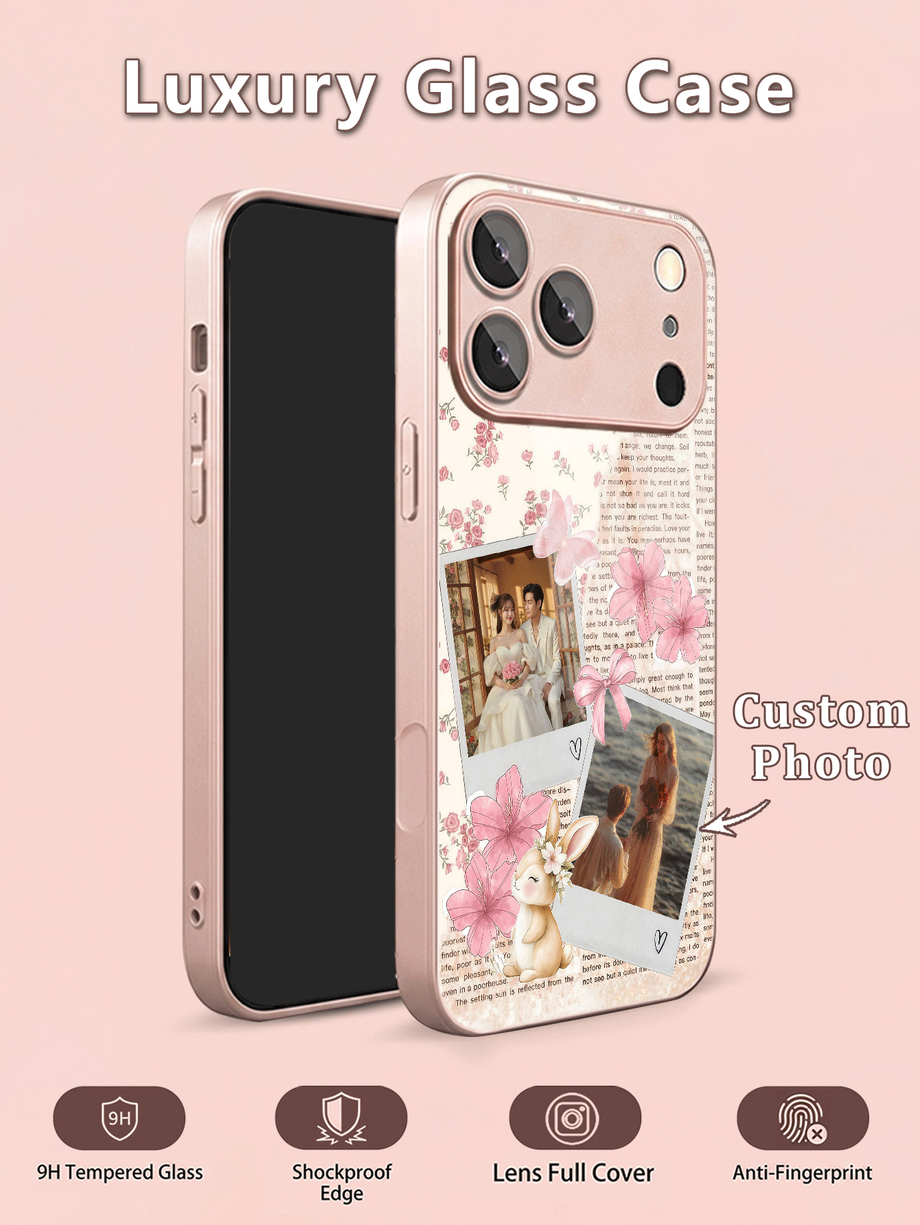 1 ốp lưng điện thoại in ảnh theo yêu cầu, họa tiết hoa hồng hồng cổ điển hình thỏ, mặt lưng kính cường lực + viền TPU mềm mại, phù hợp với dòng S26ULTRA/S25ULTRA/S24 và Apple 17ProMax/16ProMax/15Pro/14 Plus/13 Pro/12 Pro Max/11/XsMax/8/7/6Plus, bảo vệ toàn bộ ống kính camera Apple khỏi trầy xước, có thể dùng làm quà sinh nhật, quà cho bạn gái, bạn trai hoặc sử dụng cho chính mình. - Hồng - Xem 2