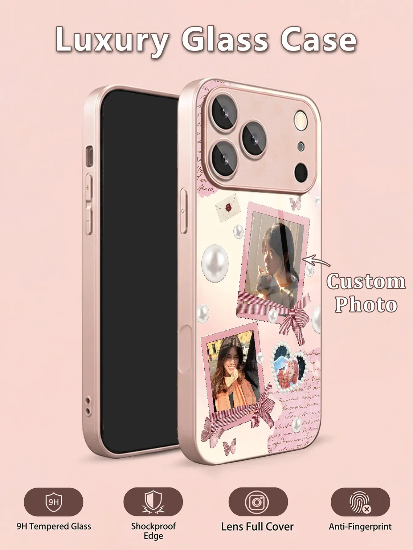 1pc Customizable Photo Phone Case, Pastel Pearl Butterfly Collage Design, Tempered Glass Back + TPU Soft Edge Material Suitable For Samsung S26ULTRA/S25ULTRA/S24 Series And Apple 17ProMax/16ProMax/15Pro/14 Plus/13 Pro/12 Pro Max/11/XsMax/8/7/6Plus, Apple Full Camera Lens Protection, Can Be Used As Birthday Gift, Gift For Girlfriend/Boyfriend Or Self-Use - Pink - View 2