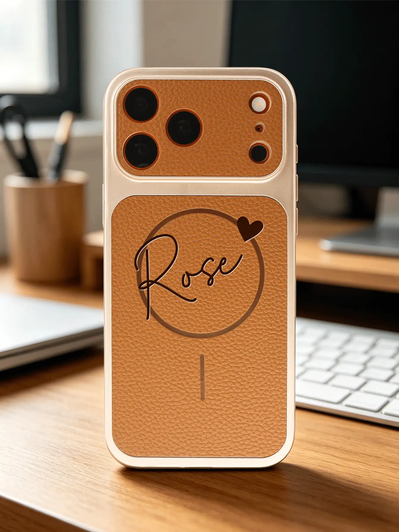 Personalized Customized Name Heart PU Leather Litchi Pattern Magnetic Wireless Charging Phone Case Compatible With IPhone 17 16 15 Pro Max 3D Embossed Laser Engraved Letter Anti Drop Mobile Phone Cover Daily Gift For Family And Friends - Brown - View 2