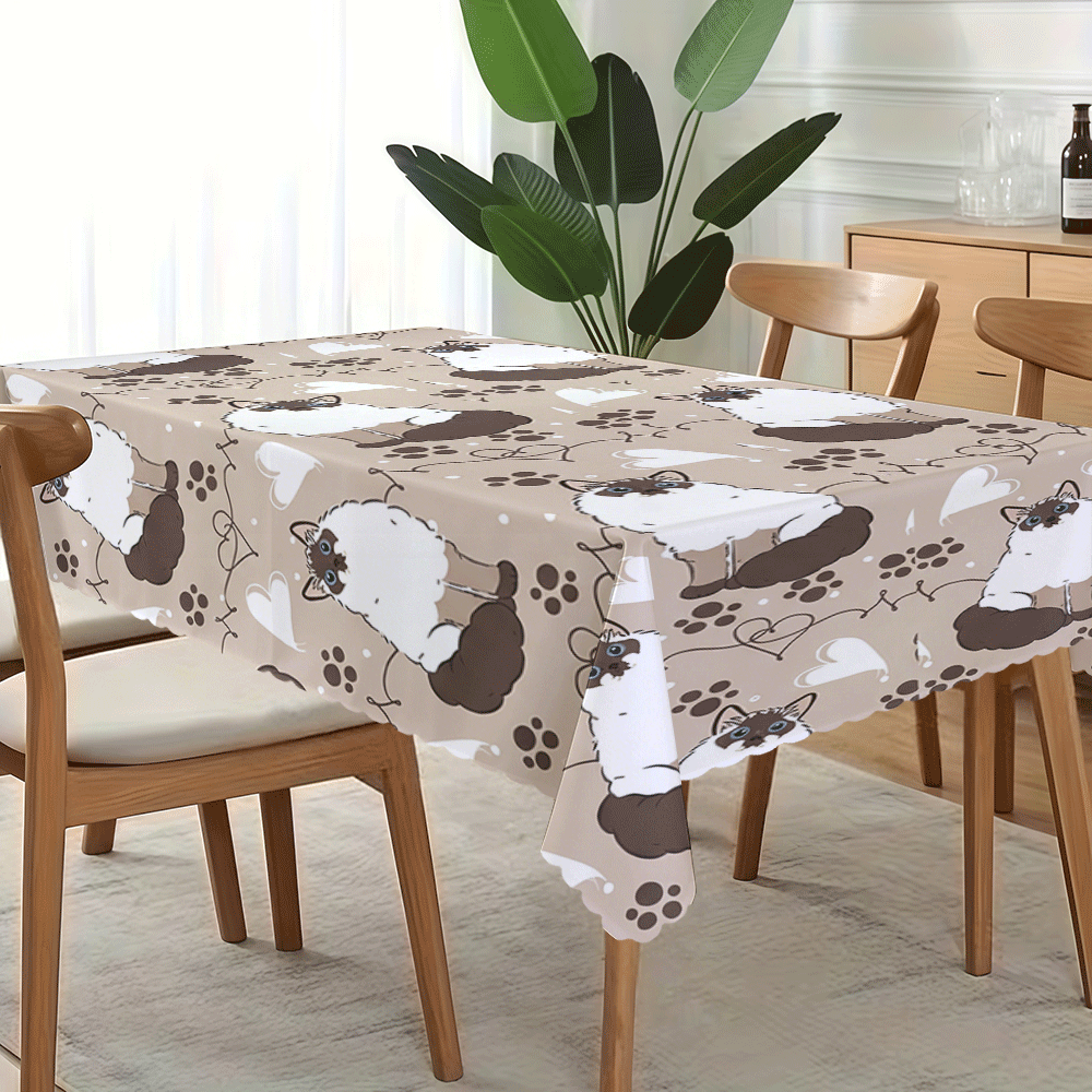 Khăn trải bàn phẳng 2D 1 chiếc bằng polyester hình mèo Xiêm dễ thương, in hình dấu chân và trái tim hoạt hình, khăn trải bàn tròn/chữ nhật, trang trí nhà bếp ngộ nghĩnh và chủ đề thú cưng, phong cách giản dị cho bữa ăn sáng muộn và tụ họp gia đình, sử dụng hàng ngày trong nhà và ngoài trời, nhiều kích cỡ có sẵn. - Nhiều màu - Xem 9