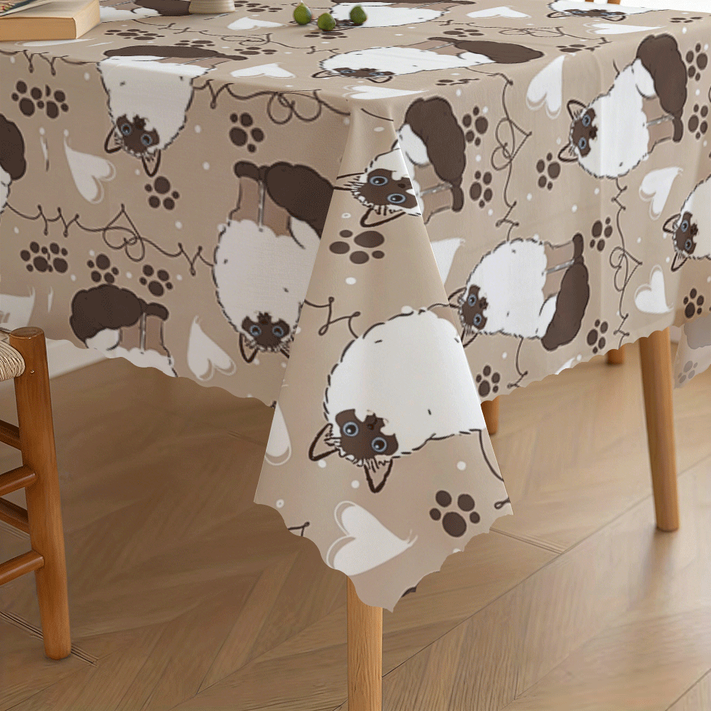 1 chiếc khăn trải bàn tròn/chữ nhật bằng polyester, in phẳng 2D trên nền màu nâu nhạt họa tiết dấu chân mèo Xiêm, thích hợp cho tiệc chủ đề mèo, cắm trại dã ngoại, trang trí quán cà phê thú cưng, họp mặt gia đình, phù hợp với nhiều kích cỡ bàn ăn tròn/chữ nhật. - A - Xem 2