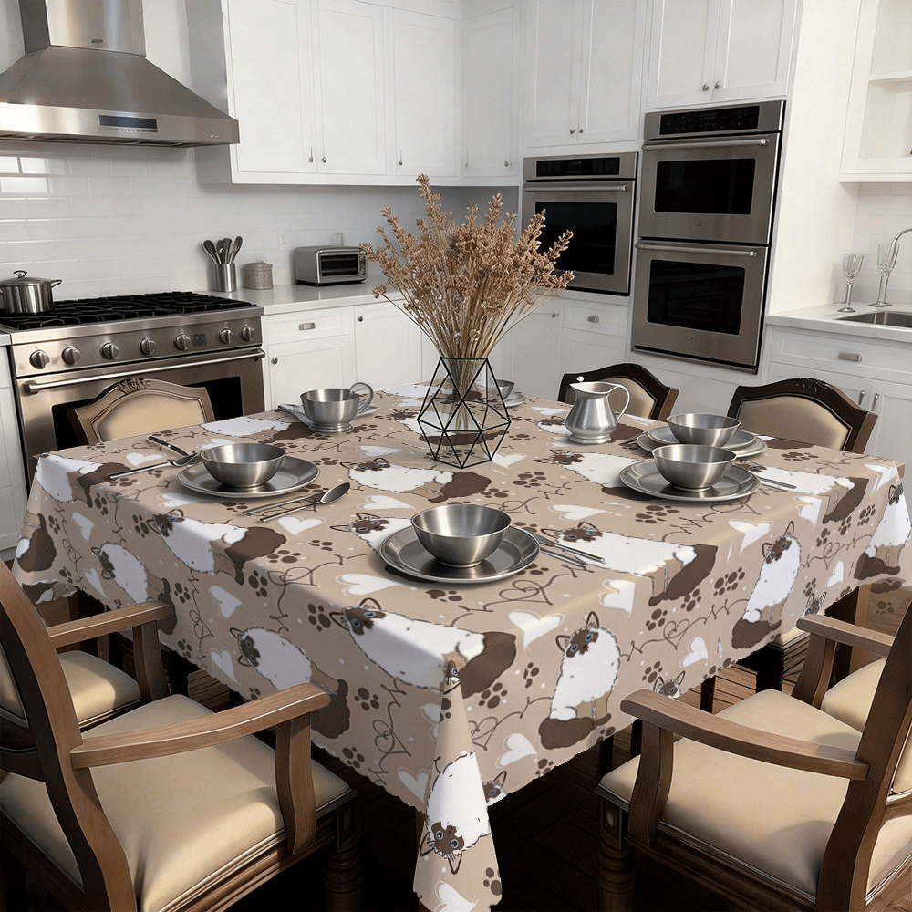 1 chiếc khăn trải bàn tròn/chữ nhật bằng polyester, in phẳng 2D trên nền màu nâu nhạt họa tiết dấu chân mèo Xiêm, thích hợp cho tiệc chủ đề mèo, cắm trại dã ngoại, trang trí quán cà phê thú cưng, họp mặt gia đình, phù hợp với nhiều kích cỡ bàn ăn tròn/chữ nhật. - A - Xem 6