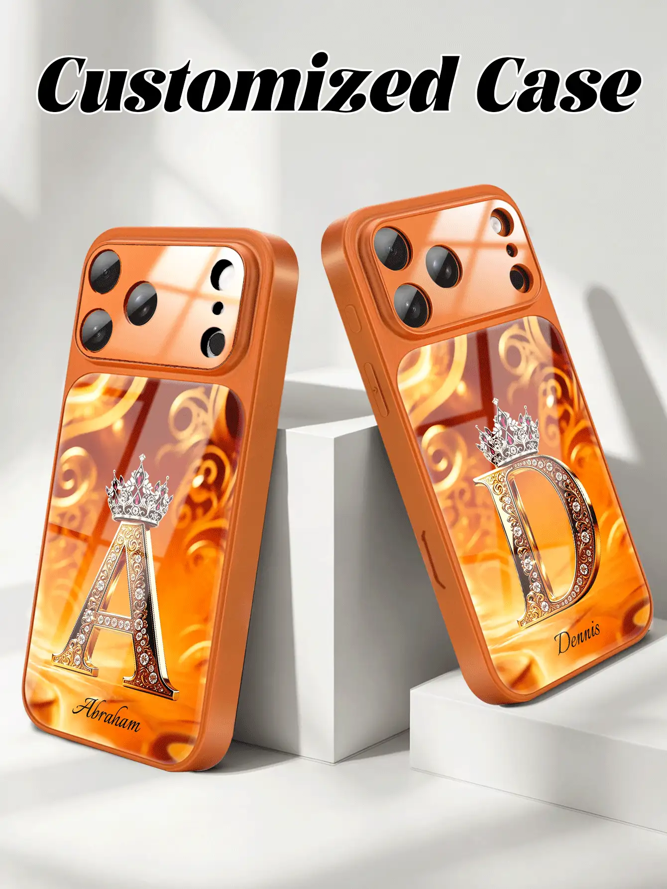 1pc Customizable Text And Letter Rhinestone Apple Design Tempered Glass Phone Case, Compatible With IPhone 17 ProMax/17 Air/15/16 Pro/14 Plus/13 Pro/12 Pro Max/11, Tempered Glass Camera And Back Protection, Large Window Phone Protective Shell, Best Gift For Friends And Family - Orange - View 4