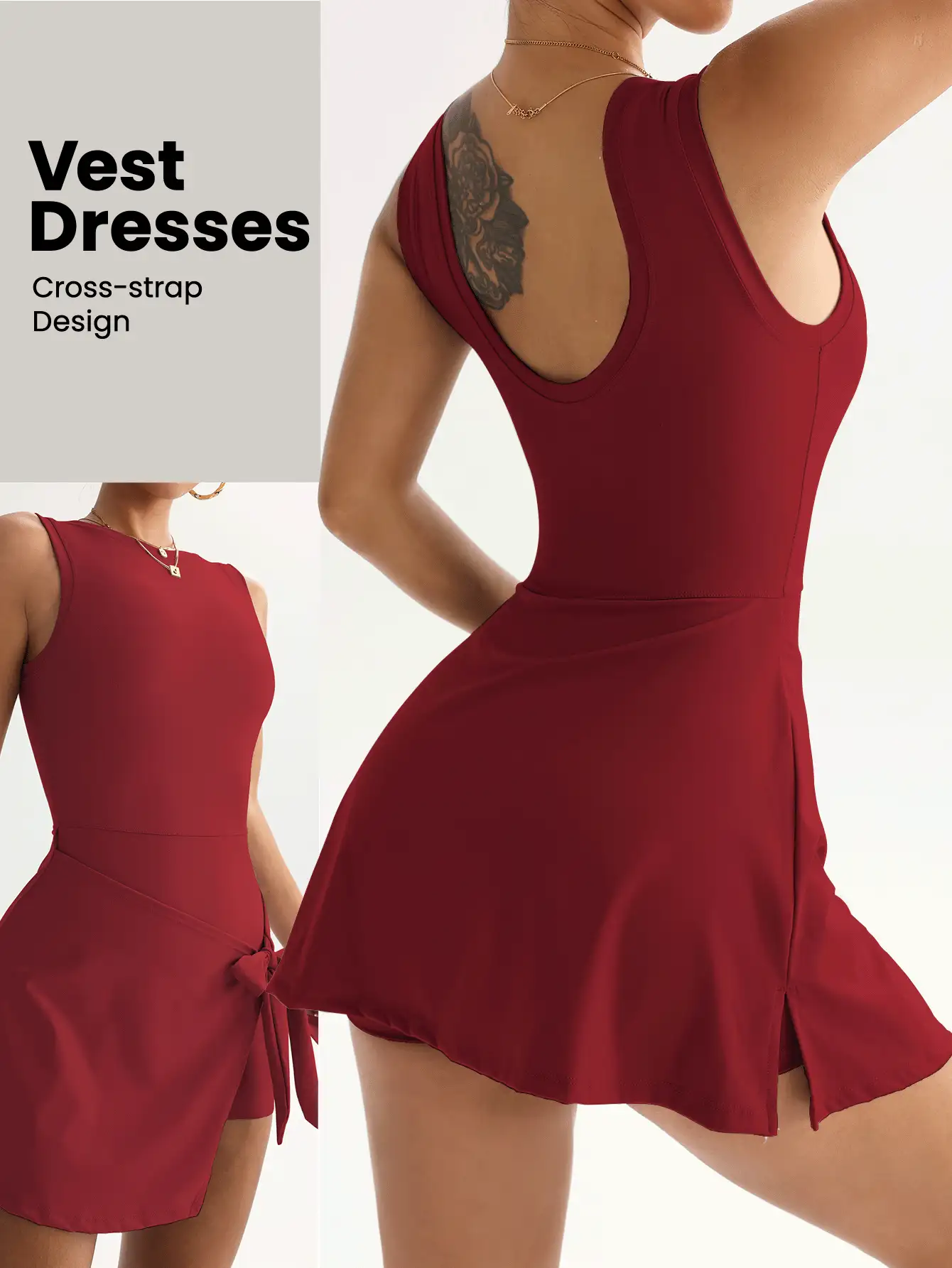 Falda deportiva 2 en 1 antidestellos, elegante y casual para golf y tenis, de estilo básico sin mangas, de nueva moda, con cinturón de cintura alta, estilizadora, sexy y ajustada, de estilo universitario, sin espalda, para deportes, fitness y yoga - Rojo - Ver 2