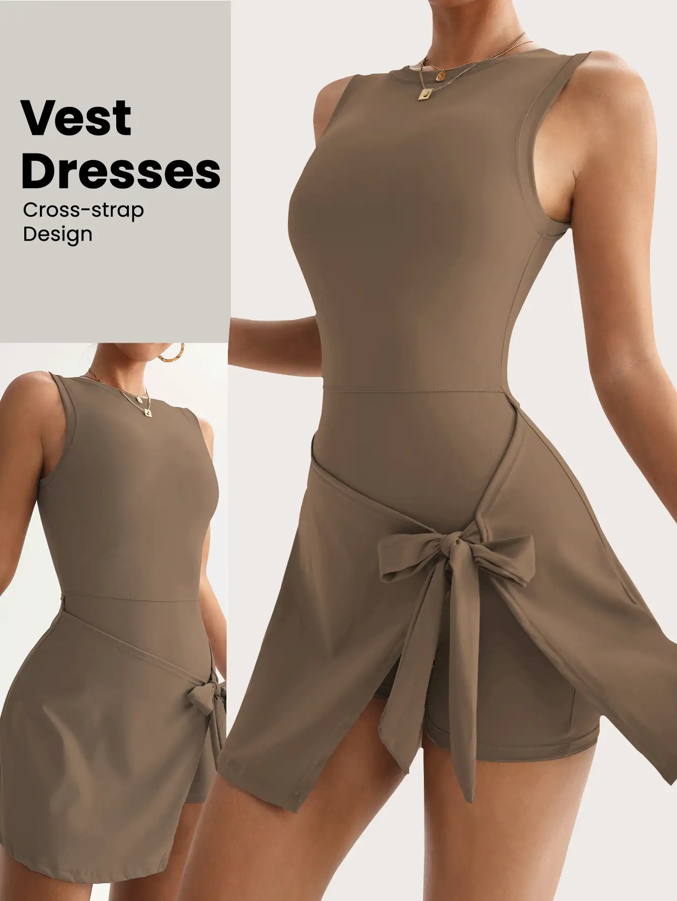 Falda deportiva 2 en 1 antidestellos, elegante y casual para golf y tenis, de estilo básico sin mangas, de nueva moda, con cinturón de cintura alta, estilizadora, sexy y ajustada, de estilo universitario, sin espalda, para deportes, fitness y yoga - Marrón 2 - Ver 2
