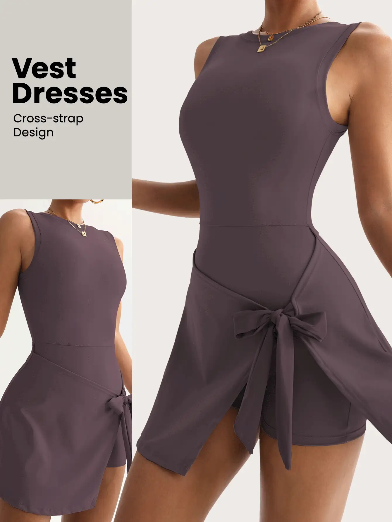 Falda deportiva 2 en 1 antidestellos, elegante y casual para golf y tenis, de estilo básico sin mangas, de nueva moda, con cinturón de cintura alta, estilizadora, sexy y ajustada, de estilo universitario, sin espalda, para deportes, fitness y yoga - Morado - Ver 2