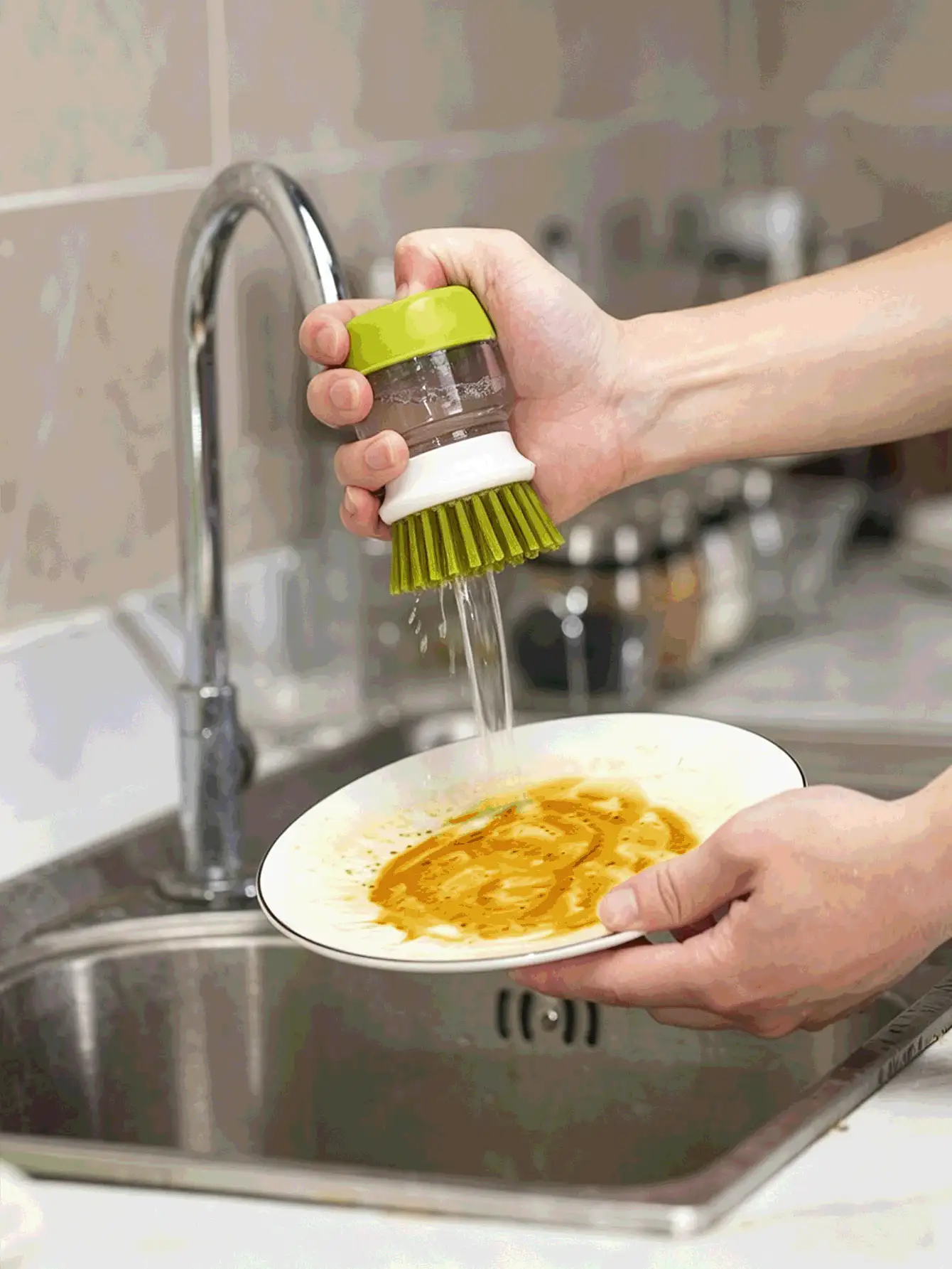 Press-Type Dish Brush With Base, Non-Scratch Kitchen Cleaning Brush, Suitable For Pots, Pans, Sinks And Tableware, Non-Stick Brush. Keep Hands Clean, Ergonomic Design. Pot Brush With Soap Dispenser, Kitchen Cleaning Brush. - Multicolor - View 3