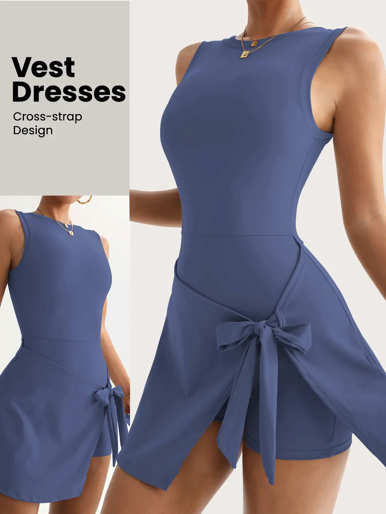 Falda deportiva 2 en 1 antidestellos, elegante y casual para golf y tenis, de estilo básico sin mangas, de nueva moda, con cinturón de cintura alta, estilizadora, sexy y ajustada, de estilo universitario, sin espalda, para deportes, fitness y yoga - Azul marino - Ver 2