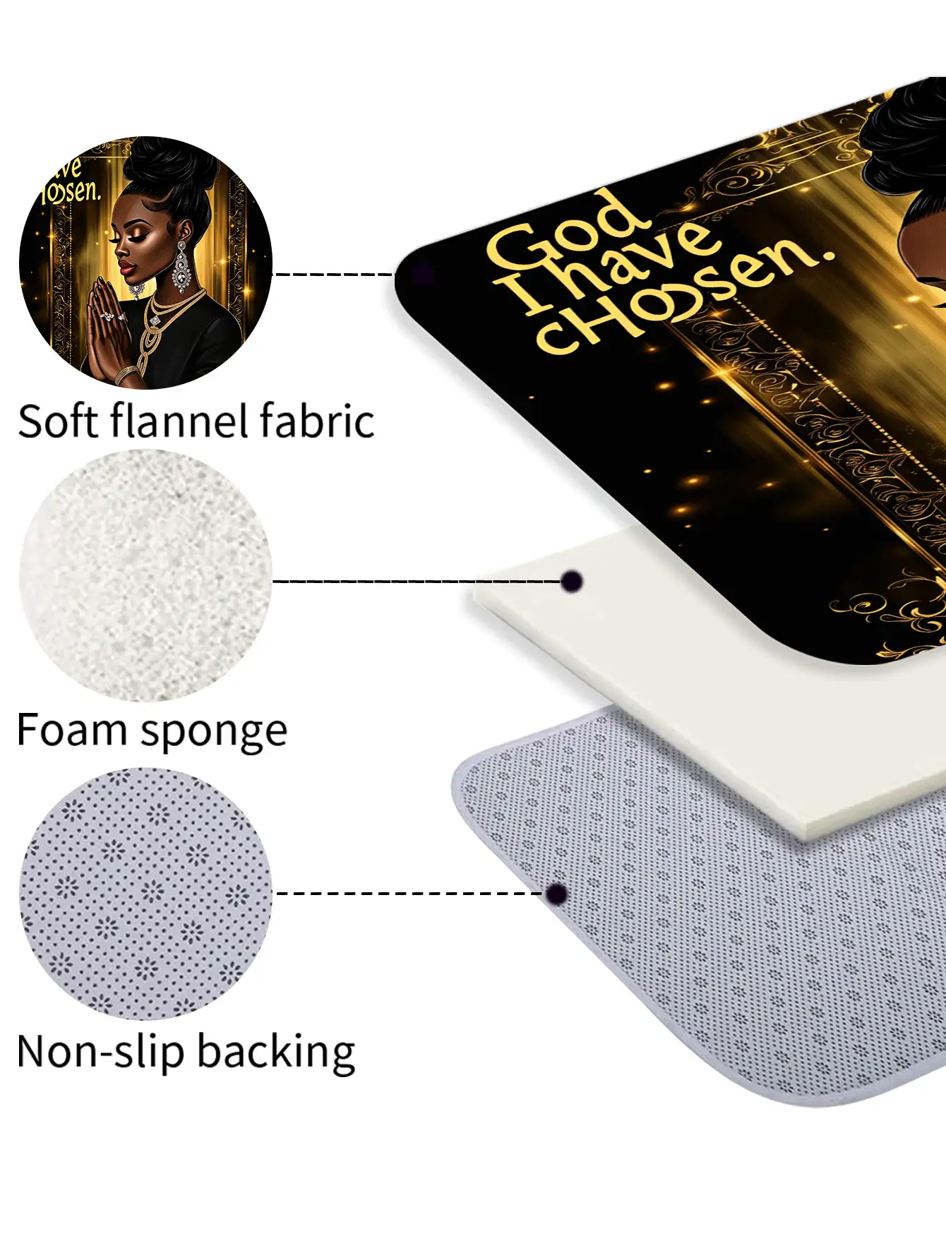 1/3/4 件套黑金信仰主题浴室套装，印有“我已选择神圣”字样，包含励志宗教防水布浴帘、防滑浴室垫、马桶盖和 12 个挂钩。 - A - 查看 4