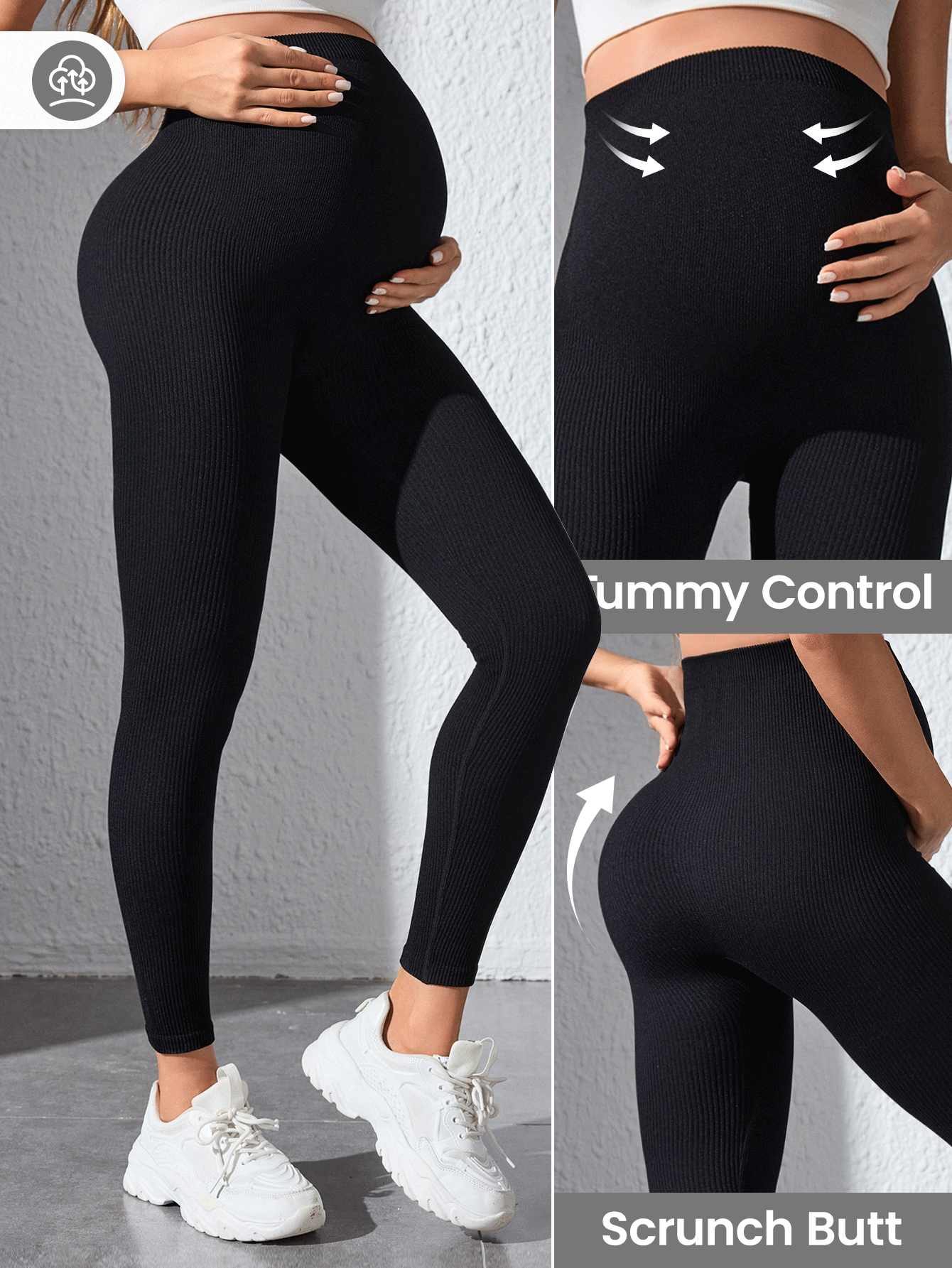 Leggings deportivos de maternidad negros sin costuras - Negro - Añade 7