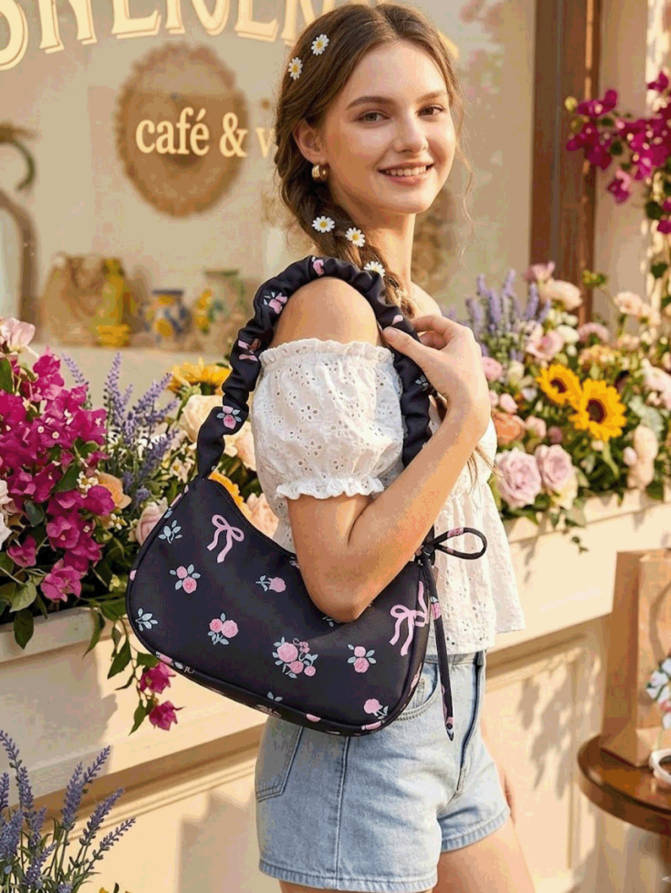 Túi xách đeo vai nữ thanh lịch với họa tiết hoa hồng, quai xách xếp ly và nơ trang trí, nhẹ nhàng và thời trang, phù hợp cho phụ nữ và bé gái. Kết hợp với ví kiểu cổ điển ngọt ngào, đây là lựa chọn lý tưởng cho mùa du lịch, mùa cưới hoặc Ngày của Mẹ. Túi còn kèm theo móc khóa nữ để đựng điện thoại, chìa khóa, mỹ phẩm và phụ kiện hàng ngày, đa năng và giản dị, phù hợp cho những buổi đi chơi hàng ngày, trang phục mùa hè, Ngày của Mẹ, quà tặng tựu trường và tốt nghiệp. - Nhiều màu - Xem 2