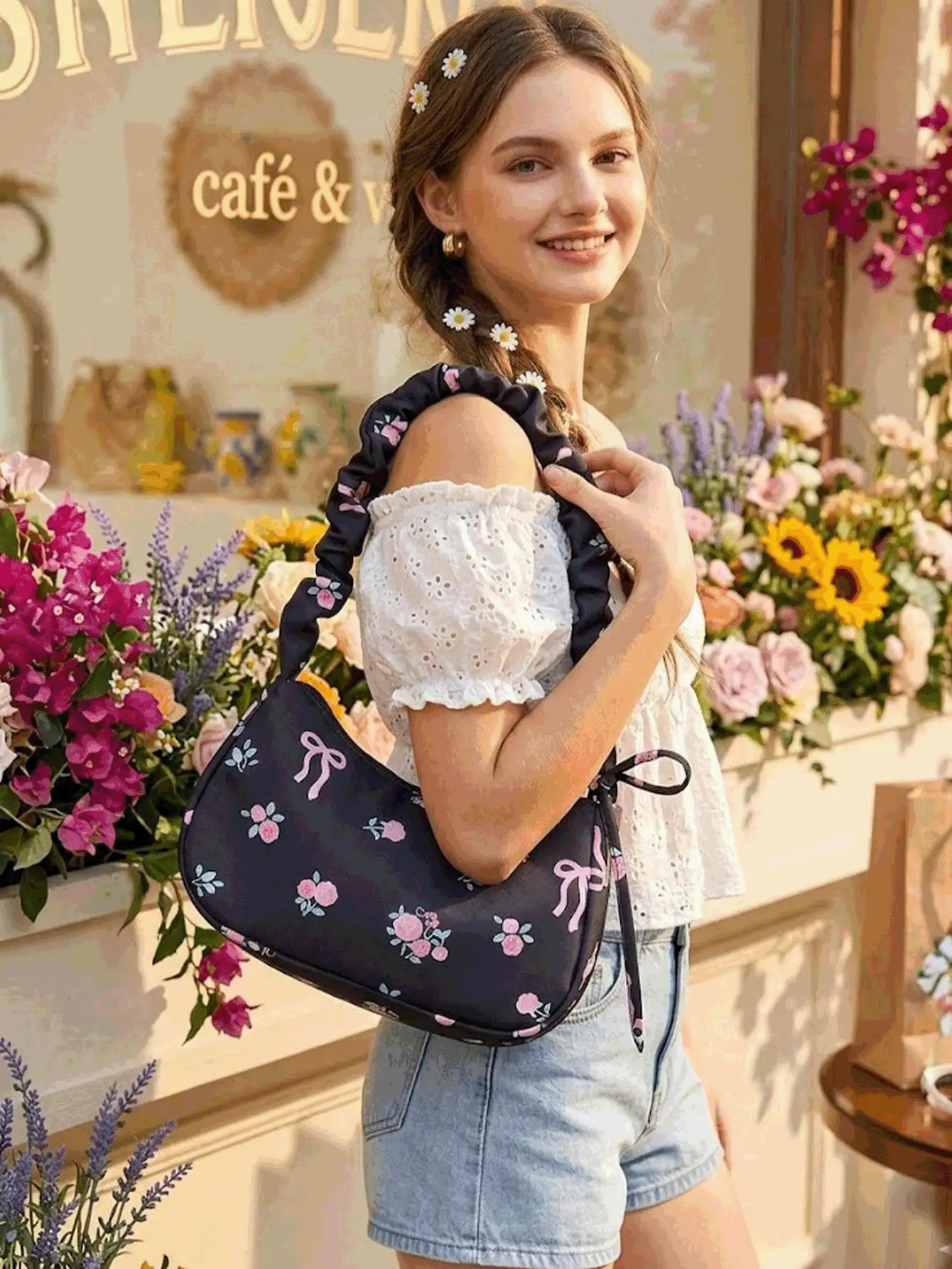 Bolsa de ombro feminina elegante com estampa de rosas, alça franzida e detalhe de laço. Leve e moderna, perfeita para mulheres e meninas. Combinada com uma carteira charmosa em estilo retrô, é a escolha ideal para viagens, casamentos ou Dia das Mães. Acompanha também um chaveiro feminino para guardar celular, chaves, maquiagem e acessórios do dia a dia. Versátil e casual, perfeita para passeios, looks de verão, Dia das Mães, volta às aulas e presentes de formatura. - Multicolorido - Ver 3