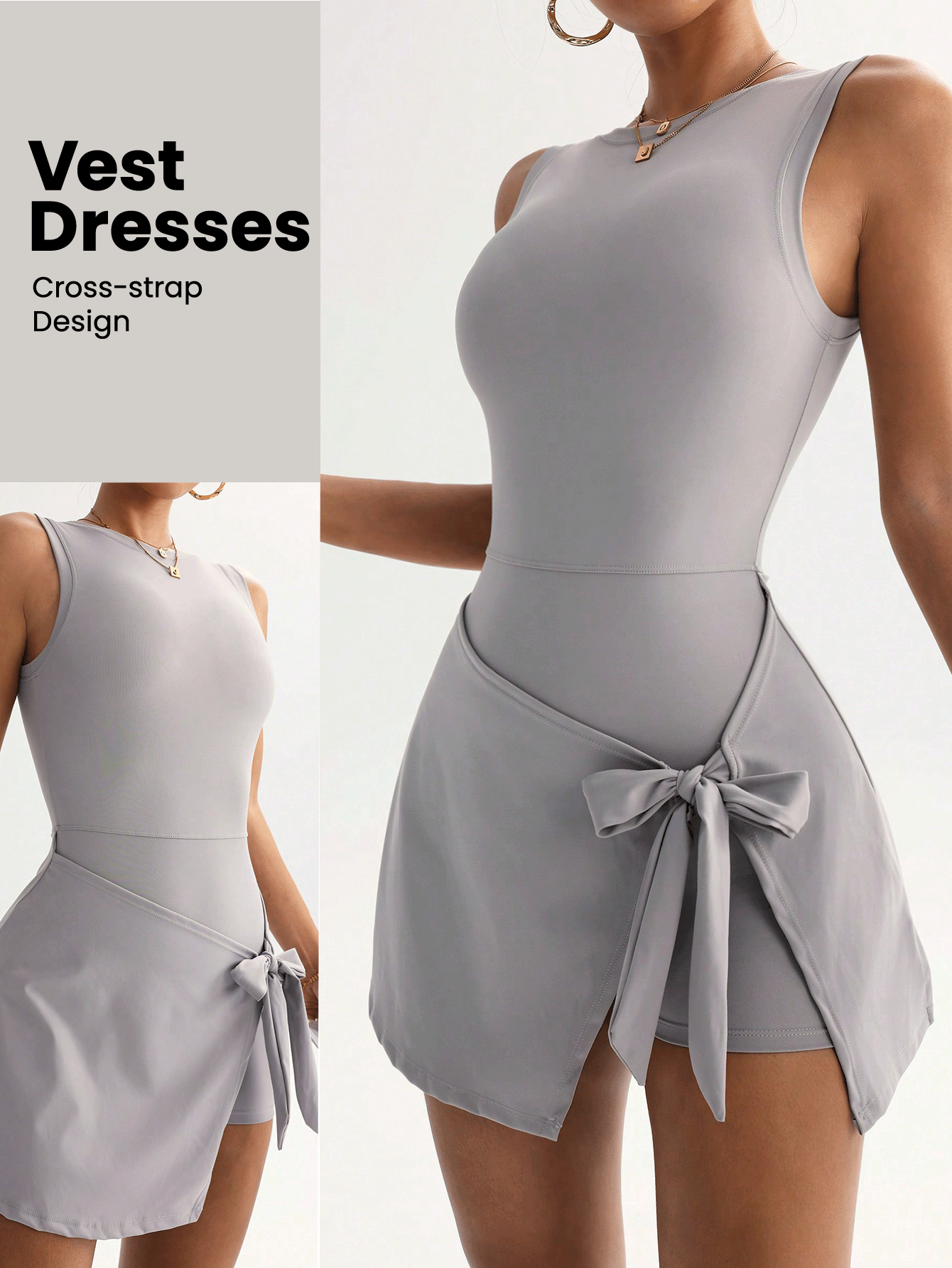 Falda deportiva 2 en 1 antidestellos, elegante y casual para golf y tenis, de estilo básico sin mangas, de nueva moda, con cinturón de cintura alta, estilizadora, sexy y ajustada, de estilo universitario, sin espalda, para deportes, fitness y yoga - Gris - Añade 2