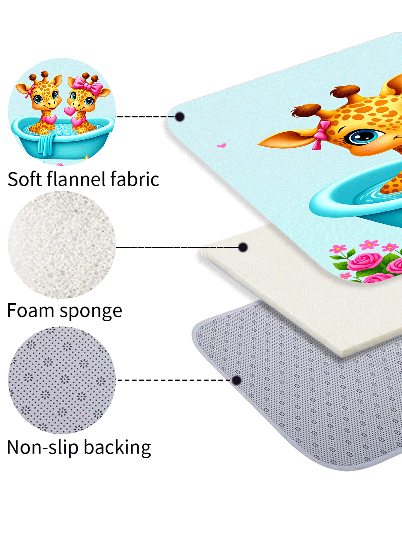 Bộ đồ dùng phòng tắm hình hươu cao cổ hoạt hình dễ thương 1/3/4 món, gồm hai chú hươu cao cổ trong bồn tắm với họa tiết trái tim và hoa, rèm tắm chống thấm nước kèm 12 móc, thảm chống trượt, nắp bồn cầu và thảm chữ U, trang trí nhà cửa độc đáo. - A - Xem 4