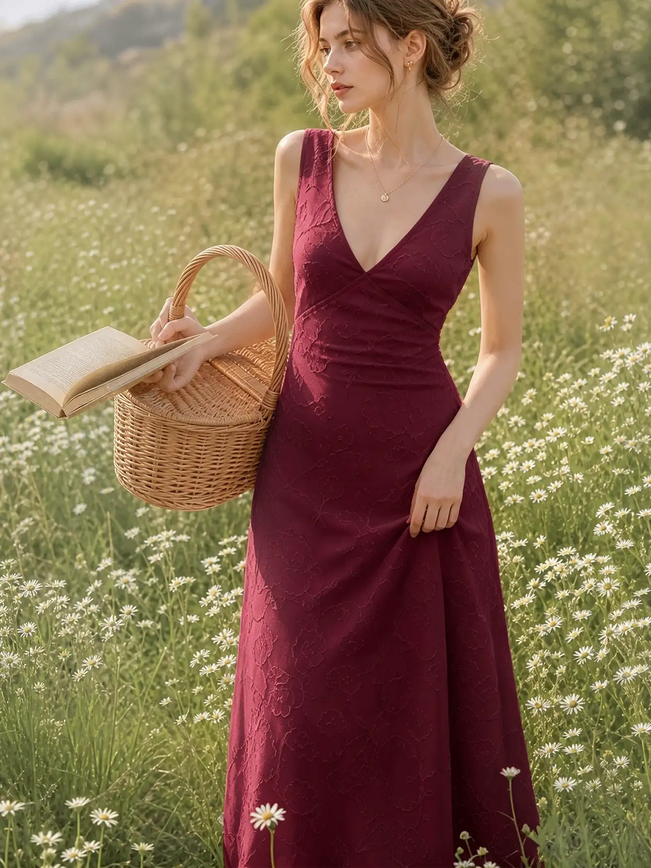 QIANZHIDU Đầm dài SUNSTORY thanh lịch dành cho nữ, kiểu dáng bohemian, cổ xếp ly, chất liệu jacquard họa tiết hoa, lưng bồng, thắt eo, thích hợp cho khách dự đám cưới, kỳ nghỉ hè, du lịch biển, hẹn hò, mặc hàng ngày, Ngày của Mẹ, Ngày Valentine, lễ hội âm nhạc, tiệc tùng. - Màu Đỏ Sâu - Xem 6