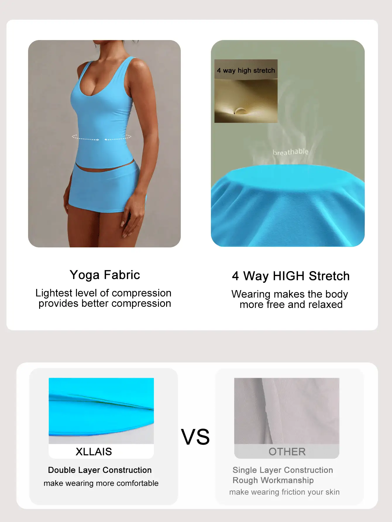 XLLAIS Sexy Deep V-Neck Fitted Sleeveless Double-Layer Yoga High Elasticity Fabric Casual Camisole Tank Top For Women, Summer - Sea Blue - View 5
