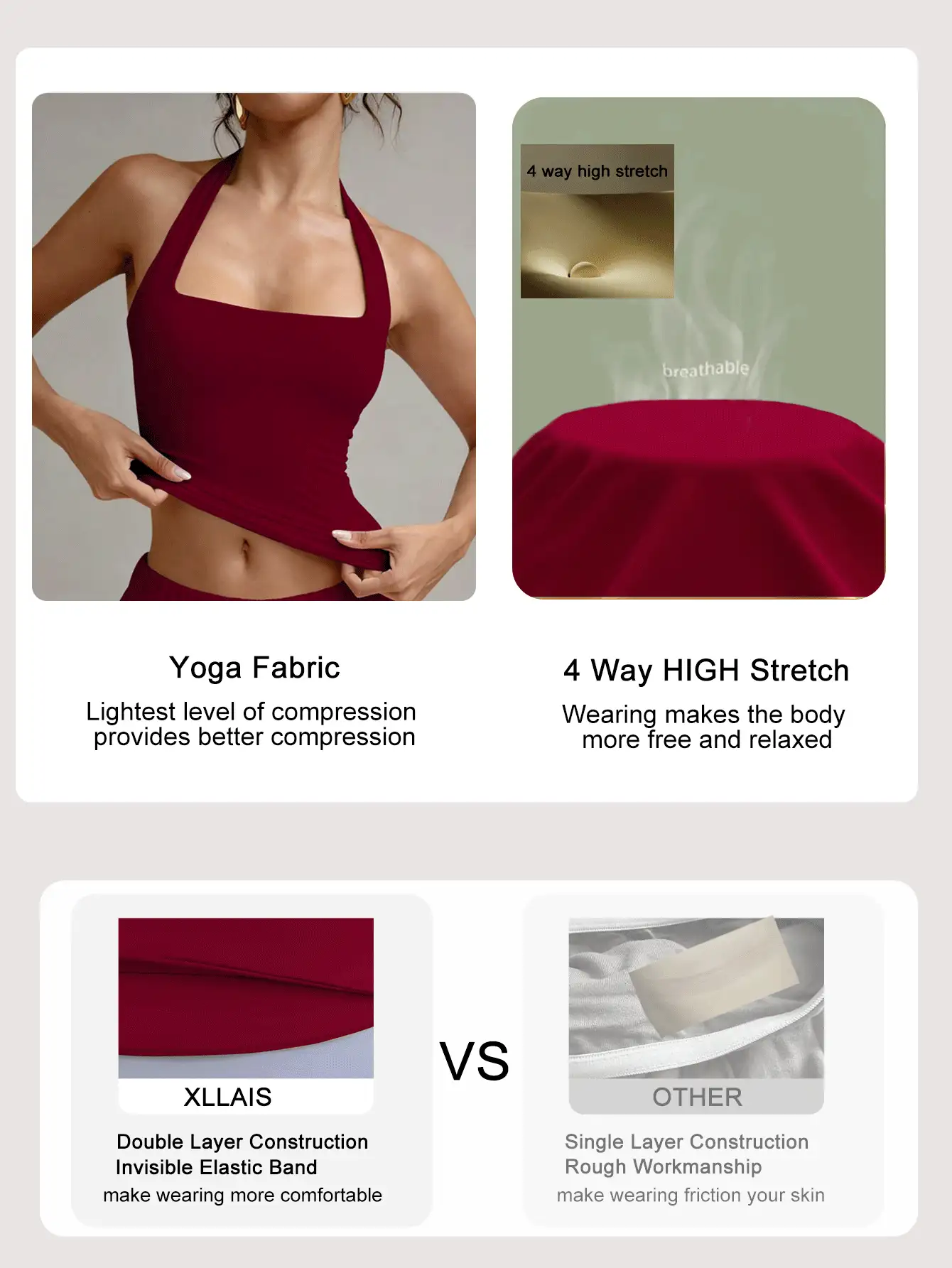 XLLAIS Sexy Backless Camisole, Fashionable Square Neck Elastic Casual Slim Fit Summer Women Camisole, New Year Red Top - Burgundy - View 5