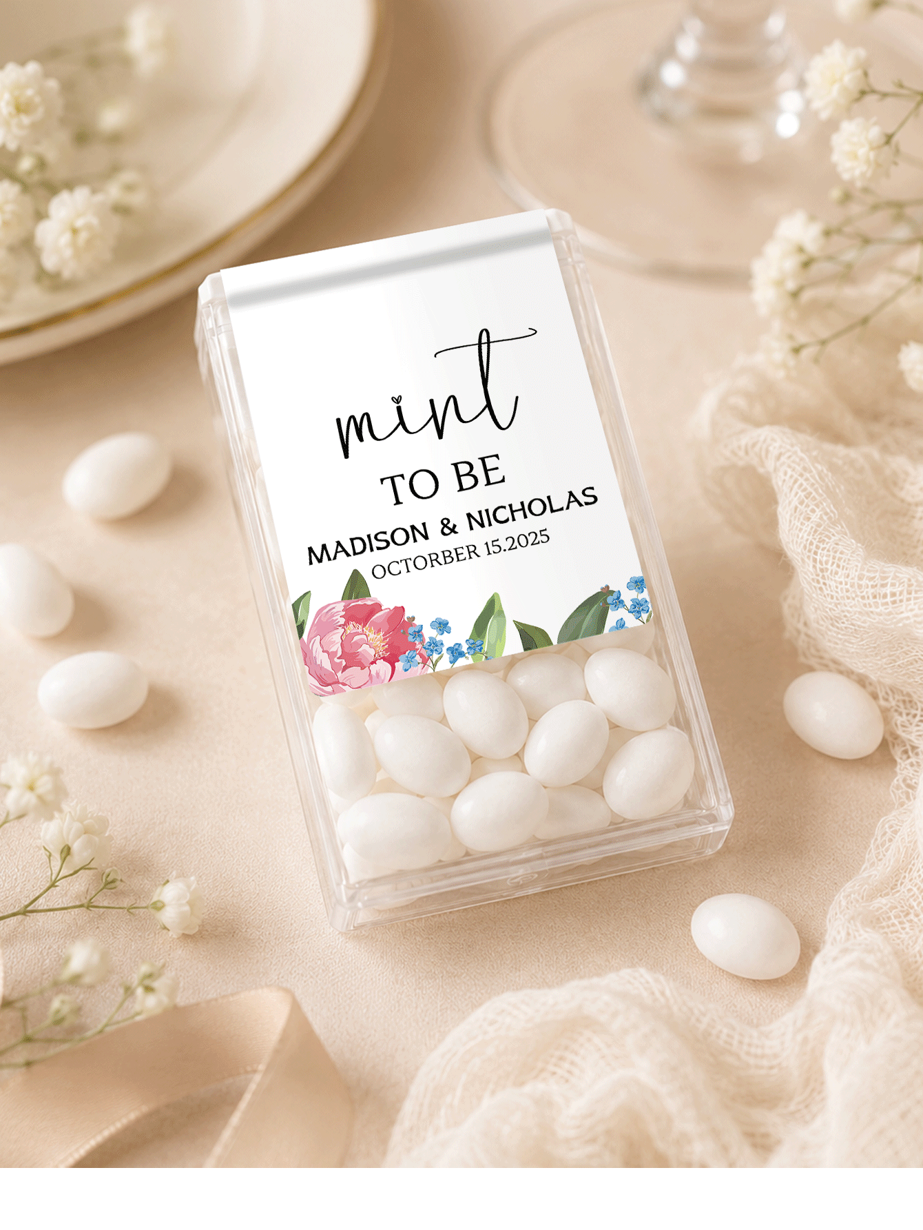 10-60PCs Custom Tic Tac Stickers Flower Labels For Containers, Personalized Mint Candy Wedding Favors, Floral Bridal Shower Party Favor Stickers, Graduation Decorations, Custom Wedding Labels For Mint Favors, Candy Buffet Decor - New2 - View 2