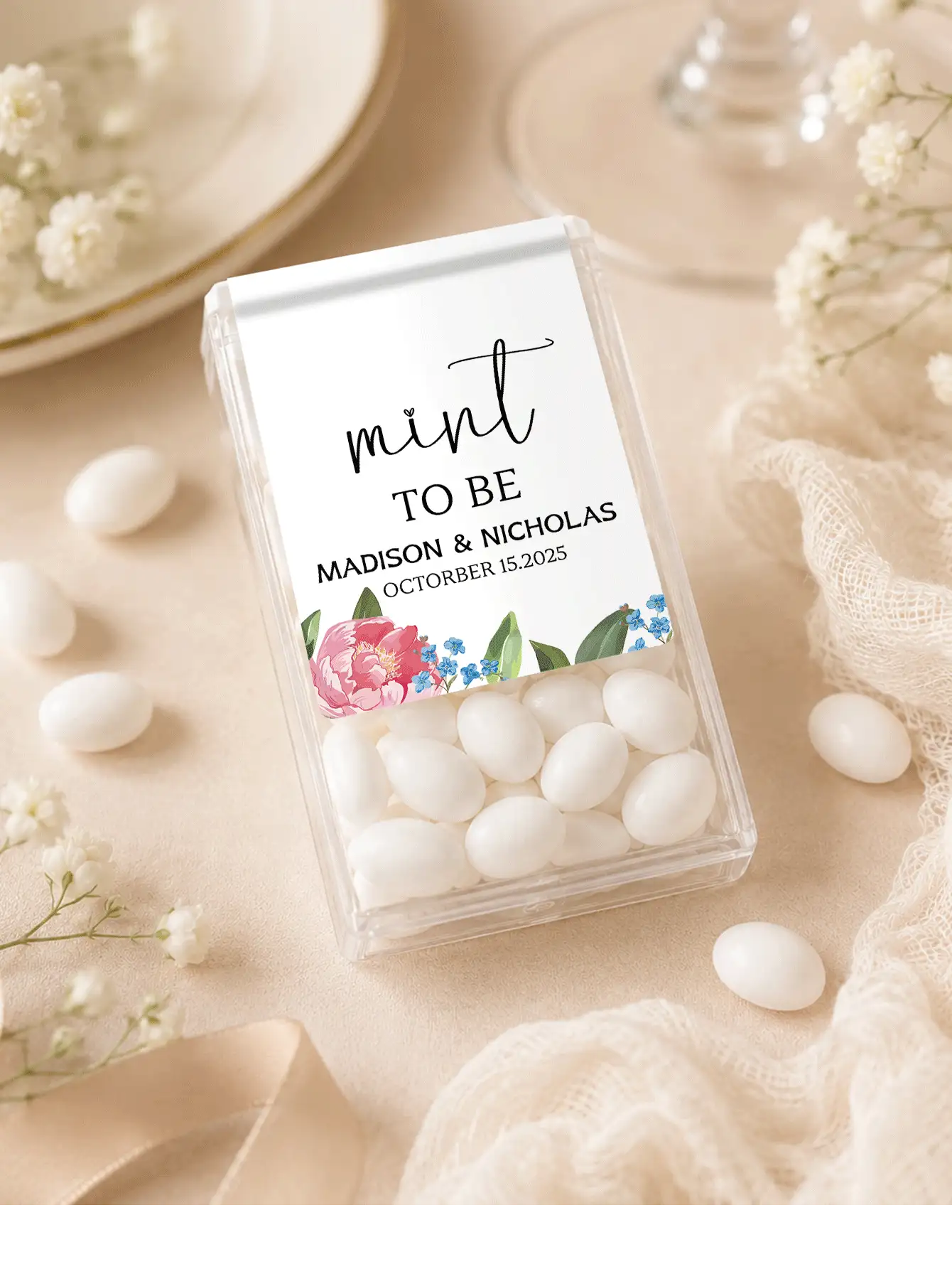 10-60PCs Custom Tic Tac Stickers Flower Labels For Containers, Personalized Mint Candy Wedding Favors, Floral Bridal Shower Party Favor Stickers, Graduation Decorations, Custom Wedding Labels For Mint Favors, Candy Buffet Decor - New2 - View 2