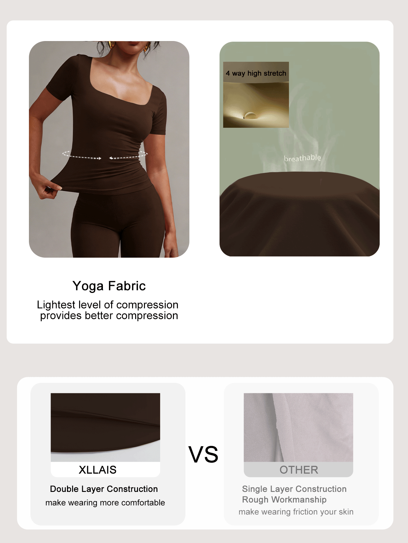 XLLAIS 2026 High Stretch Fabric Double-Layer Pleated Square Neck Short Sleeve T-Shirt Casual Summer - Dark Brown - View 6
