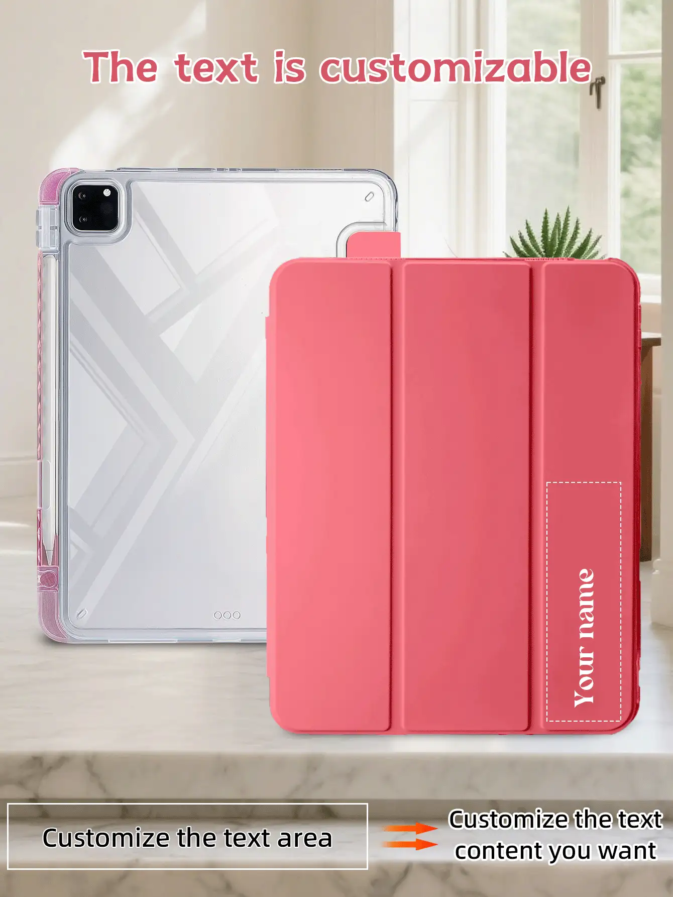 1pc Transparent Acrylic Tri-Fold Tablet Case With Watermelon Red Custom Text, Personalized Text Writing, Compatible With Mini6/Mini7/Air/Air2/9.7/10.2/10.5/Air4/Air5/10.9/Pro 11 Inch Models, High Transparency Acrylic Back Shell Full Coverage Anti-Bend Anti-Drop, Built-In Pen Slot, Tri-Fold Adjustable Stand, Magnetic Sleep/Wake, Personalized/Minimalist/Cute, Flip Tablet Case Tri-Fold Tablet Case, Product Does Not Include Pen, Some Models Equipped With Camera Frame - Watermelon Pink - View 2