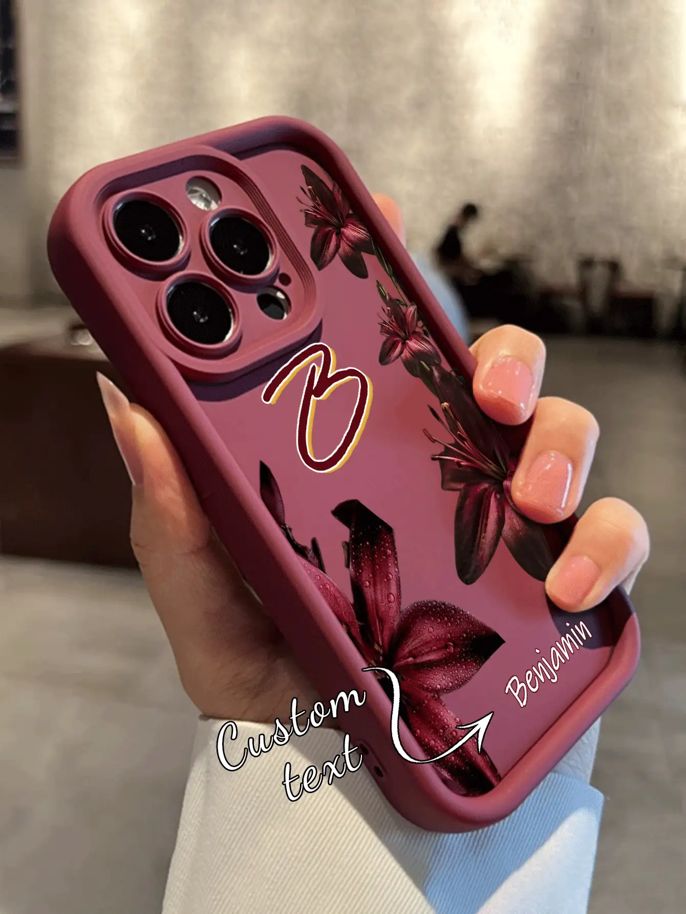 1pc Customized Letter Name, Dark Sweet Cool Red Lily Pattern TPU Edge Thickened Shockproof Protective Phone Case Compatible With Apple 17ProMax/16 Pro Max/15Pro/14 Plus/13 Pro/12 Pro Max/11/XsMax/8/7 Phone Accessories Protective Case - Burgundy - View 2