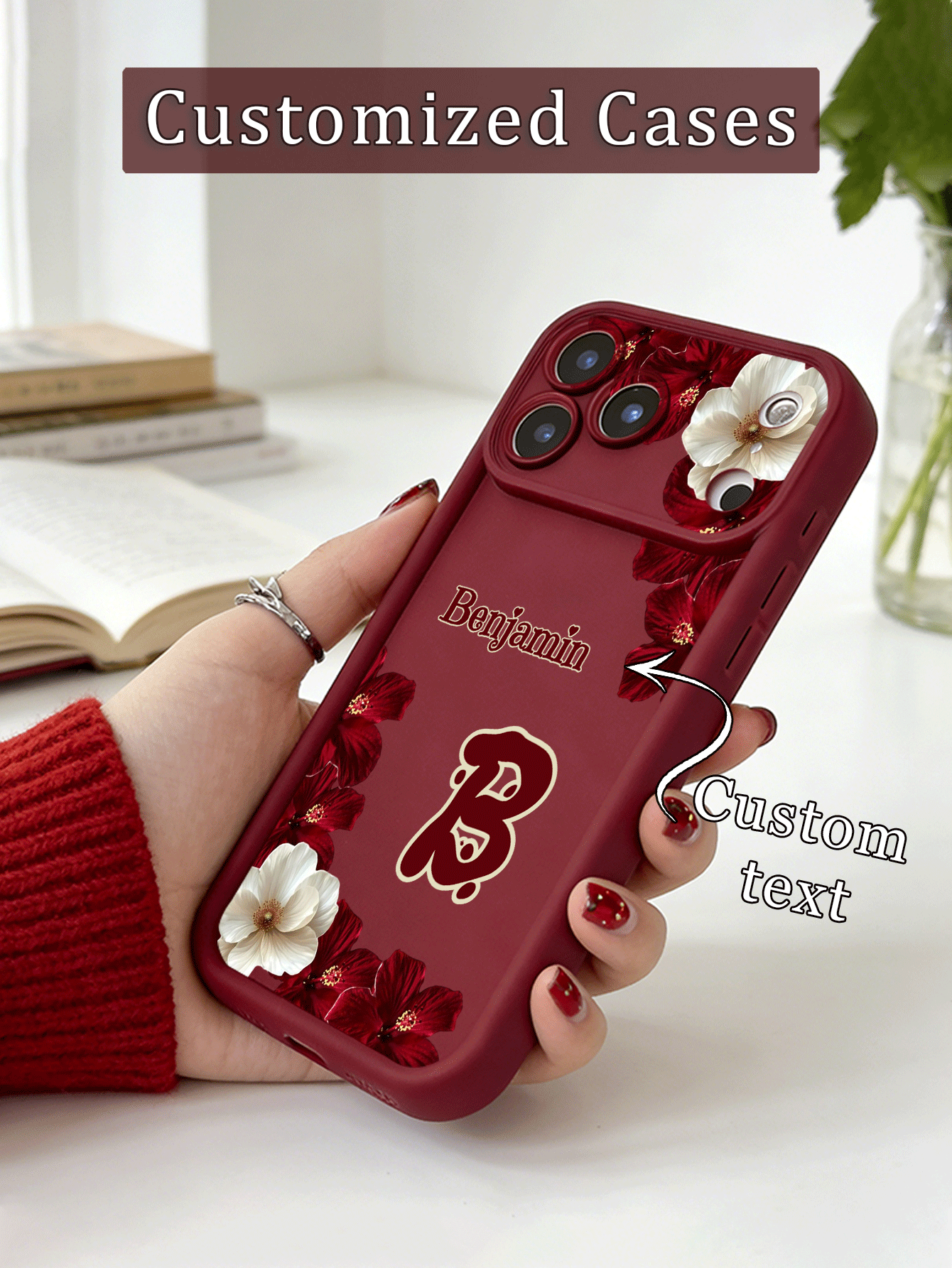 1pc Customized Letter Text, Hibiscus And White Flower Pattern TPU Thickened Shockproof Protective Phone Case Compatible With Apple 17ProMax/16 Pro Max/15Pro/14 Plus/13 Pro/12 Pro Max/11/XsMax/8/7 Phone Accessories Protective Case - Burgundy - View 2