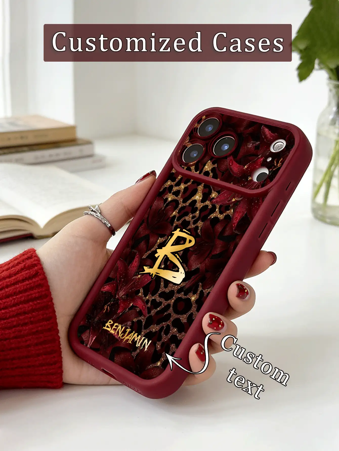 1pc Customized Letter Name, Red Lily & Gold Leopard Print Patchwork TPU Edge Thickened Shockproof Protective Phone Case Compatible With Apple 17ProMax/16 Pro Max/15Pro/14 Plus/13 Pro/12 Pro Max/11/XsMax/8/7 Phone Accessories Protective Case - Burgundy - View 2
