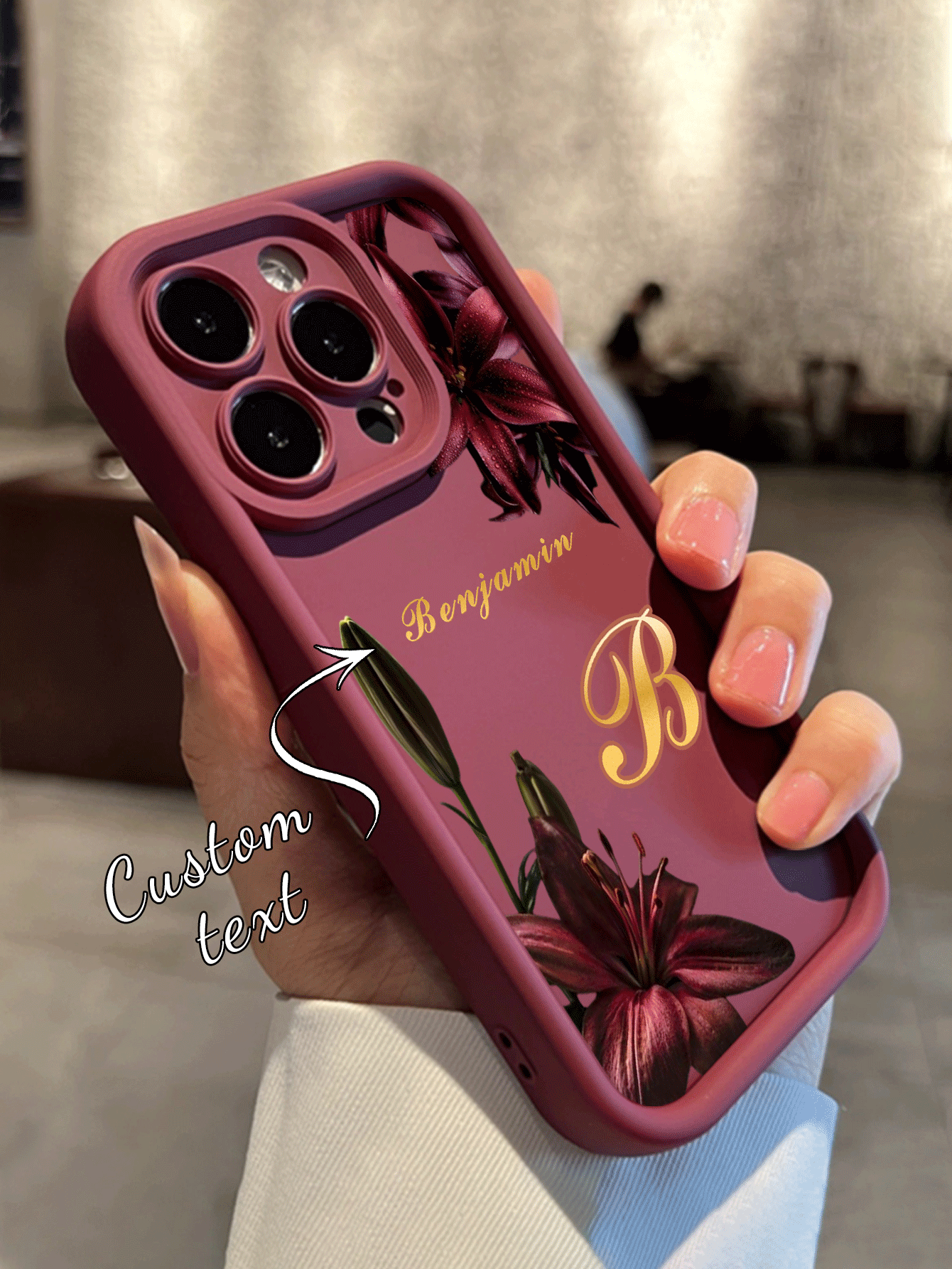 1 ốp lưng điện thoại bảo vệ chống sốc viền TPU dày họa tiết hoa ly đỏ sang trọng in tên chữ tùy chỉnh, tương thích với Apple 17ProMax/16 Pro Max/15Pro/14 Plus/13 Pro/12 Pro Max/11/XsMax/8/7, phụ kiện điện thoại - Màu Đỏ Sâu - Xem 2
