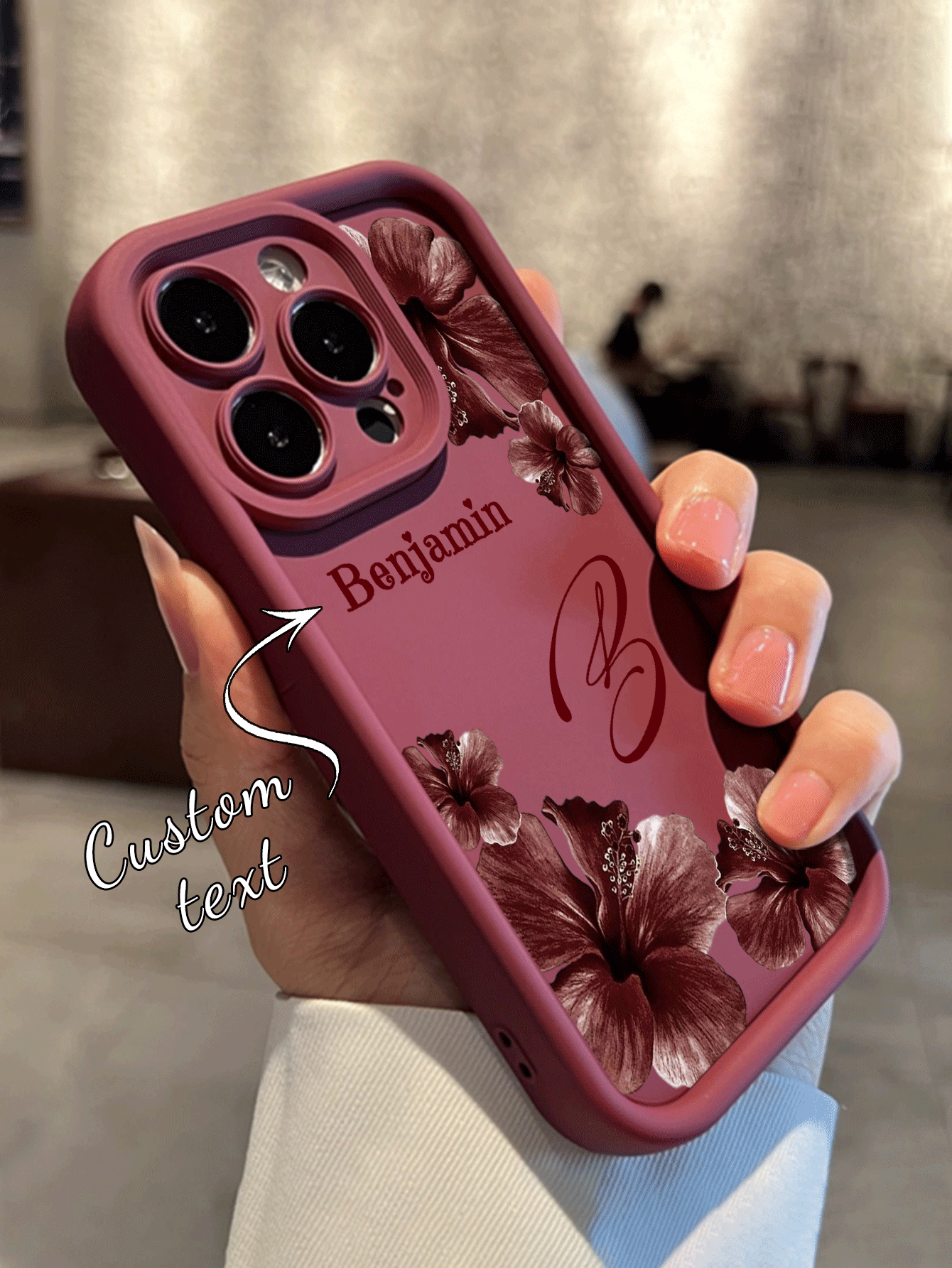 1pc Customized 26 Letter Name, Morandi Style Brown Hibiscus Pattern TPU Edge Thickened Anti-Drop Protective Phone Case Suitable Compatible With Apple 17ProMax/16 Pro Max/15Pro/14 Plus/13 Pro/12 Pro Max/11/XsMax/8/7 Phone Accessories Protective Case - Burgundy - View 2