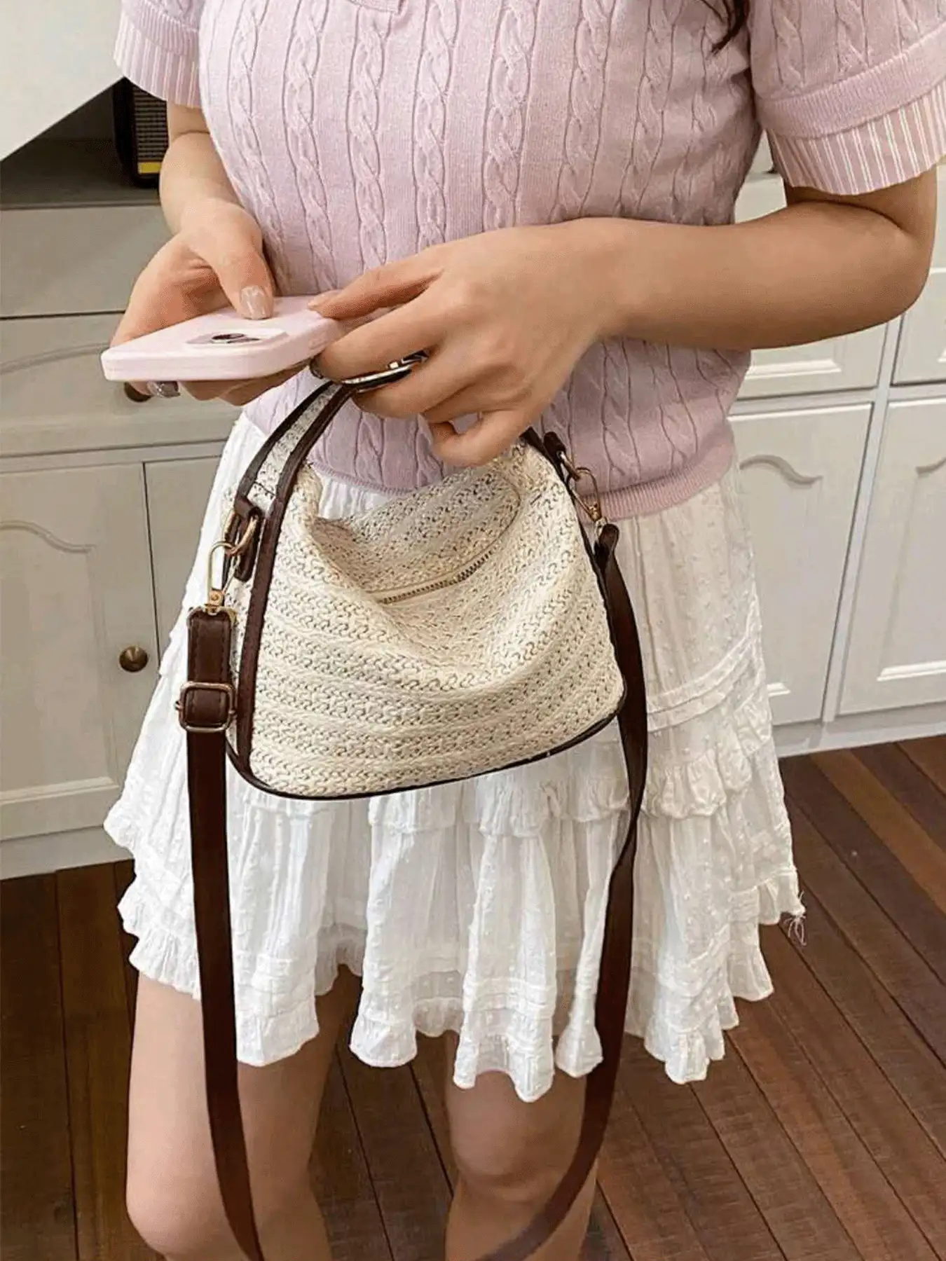 Modische Retro-Umhängetasche mit großer Kapazität aus geflochtenem Stroh für Strand und Urlaub - Beige - Übersicht 4