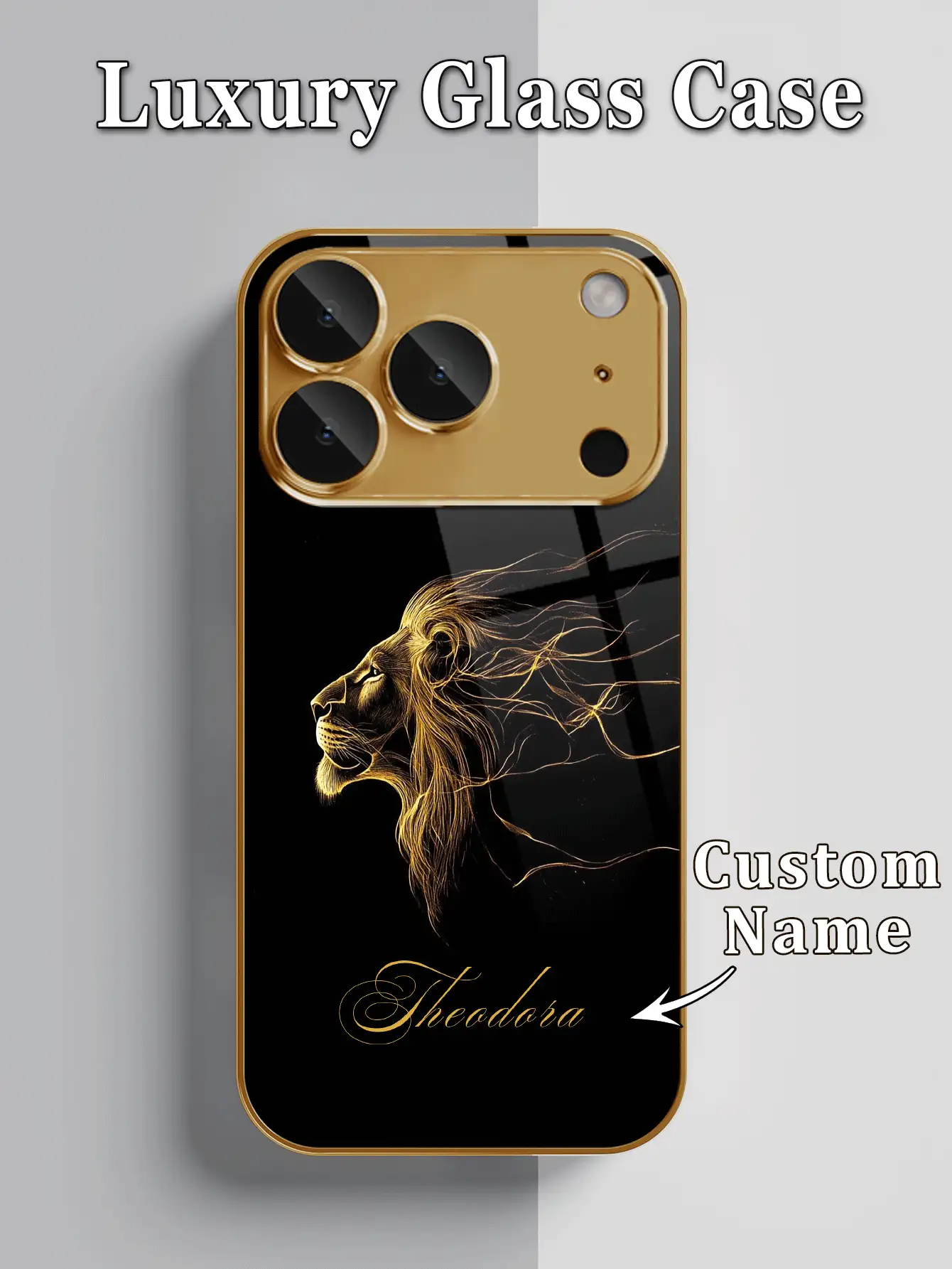 1pc DIY Customized Personalized Name Black & Gold Luxury Line Lion Head Pattern High-Definition Electroplated Gold Glass Phone Case Compatible With IPhone 17/17Pro/17ProMax/17Air/16/16Pro/16ProMax/16Plus/15/15Plus/15Pro/15Promax/14/14Pro/14Promax/13/12/11/XRMax/8/7/6Plus, Full Coverage, Beautiful & Gorgeous, Protective Cover - Gold - View 2