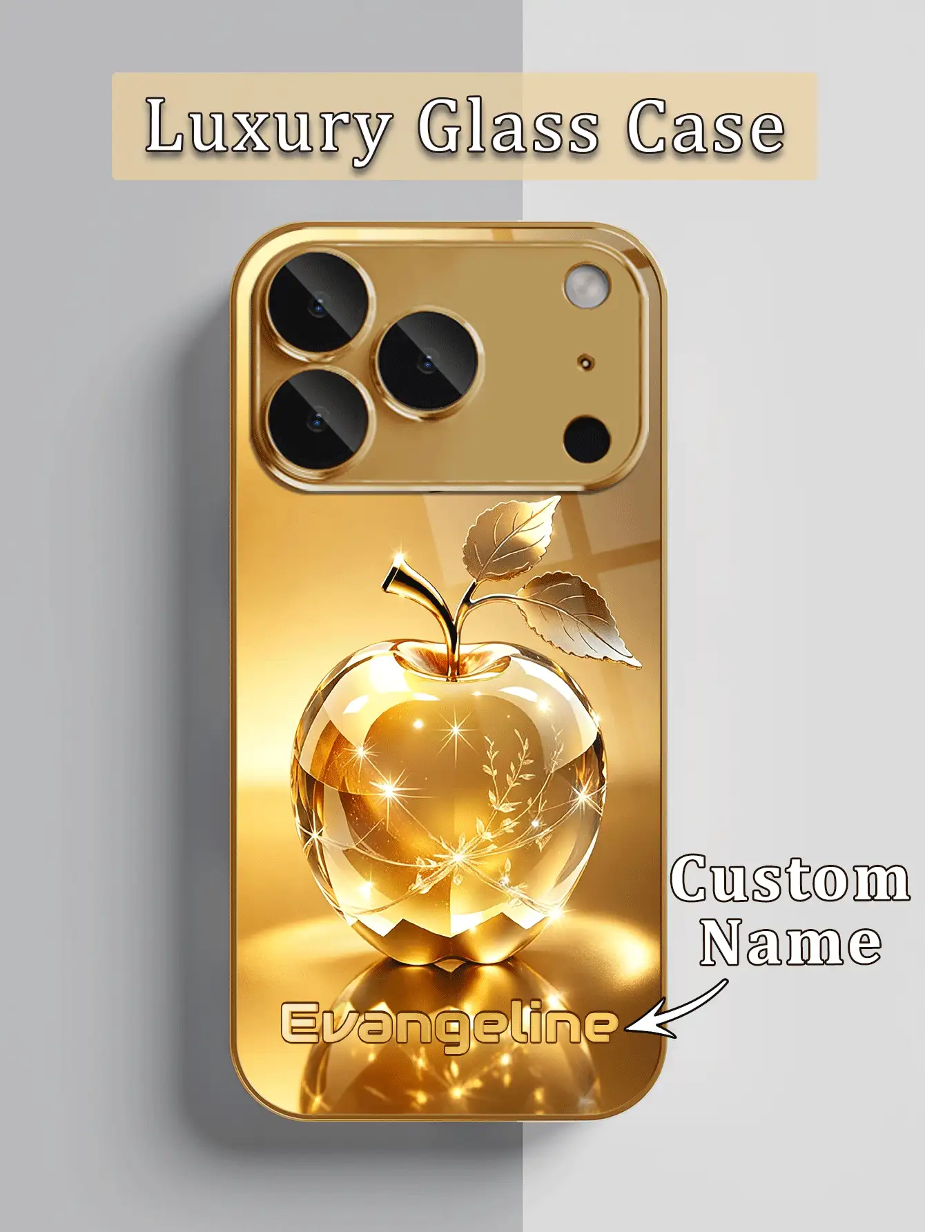 1件 DIY 定製姓名奢華金星光水晶圖案手機殼 高清電鍍金玻璃 適用於 Apple 17ProMax/16 Pro Max/15/14 Plus/13 Pro/12 Pro Max/11/XsMax/8/7/6Plus 手機配件，時尚、多彩、可愛、有趣、極簡、搭配手機殼 - 金色 - 查看 2