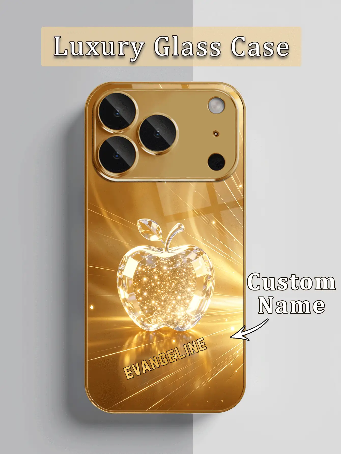 1件 DIY 定製姓名 奢華金星光水晶蘋果圖案手機殼 高清電鍍金玻璃 適用於 Apple 17ProMax/16 Pro Max/15/14 Plus/13 Pro/12 Pro Max/11/XsMax/8/7/6Plus 手機配件 時尚、多彩、可愛、趣味、極簡、搭配手機殼 - 金色 - 查看 2