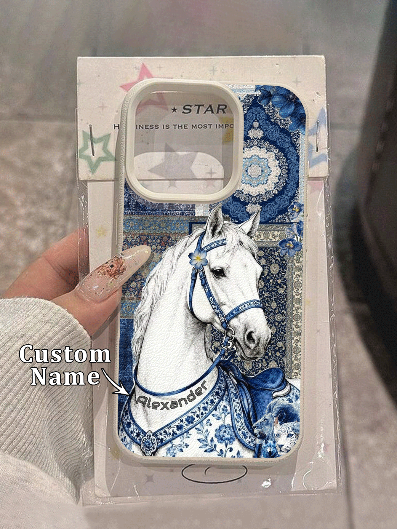 1件 DIY 個性化姓名復古藍白瓷白馬圖案 TPU 仿皮紋理手機殼，適用於 iPhone 17/17ProMax/17Air/16ProMax/16E/15/14Plus/13Pro/12/11ProMax/XsMax/Note 10S/Note 9 4G/Note9Pro/Note 9S/Note 8/13C/12/12C/10A，防震防指紋，優雅華麗，送給朋友的最佳禮物 - 白色 - 查看 2