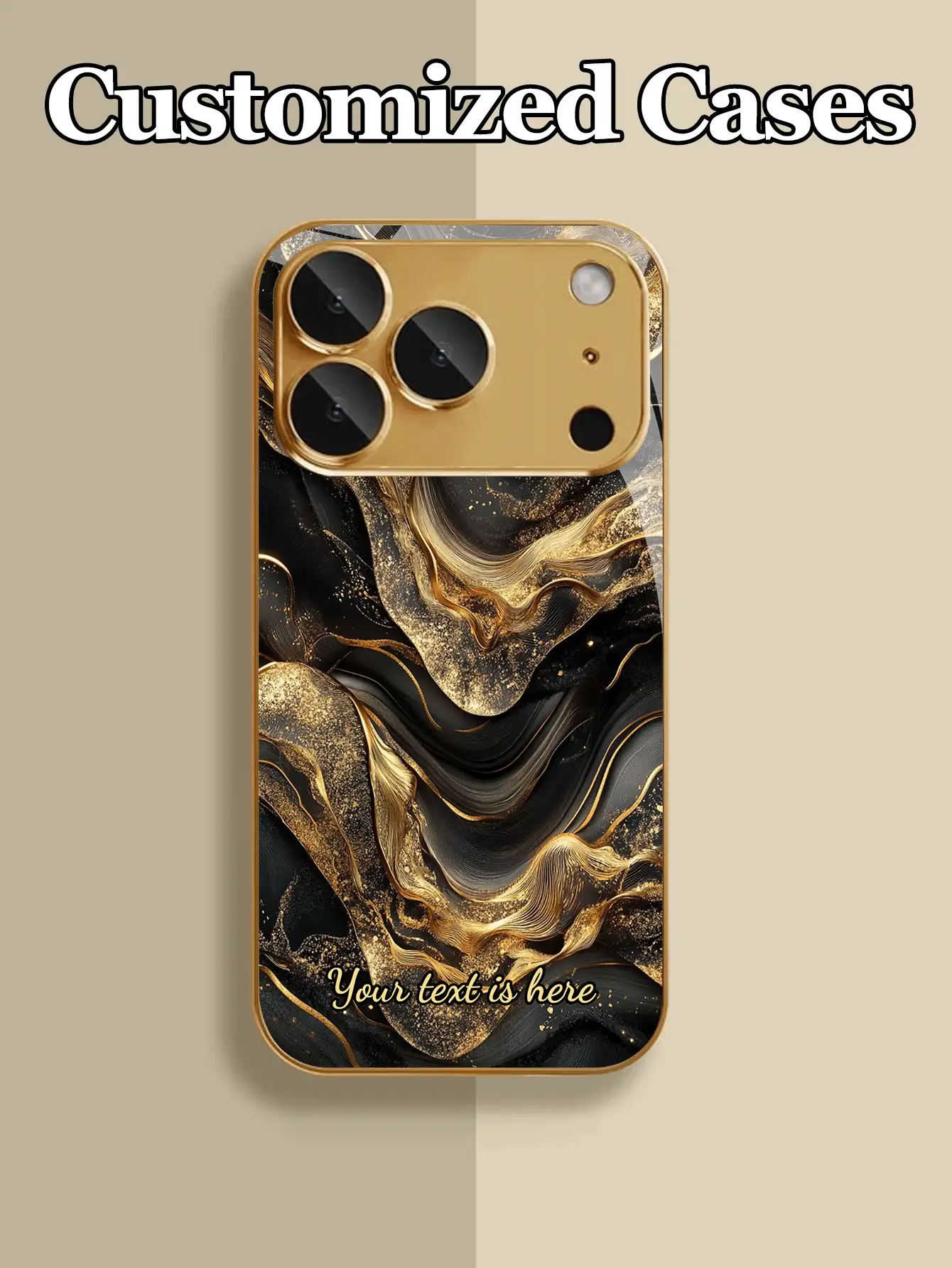 1pc Personalized Custom Text Black Gold Fluid Gilded Marble Pattern Design Electroplated Tempered Glass Phone Case Compatible With IPhone 17 Pro Max/17 AIR/16/15/13/12/11/XS Max/678 Plus, High-End Business Custom, Light Luxury Fashion, Built-In Lens Protector, Holiday Gift, Birthday Present, Couple, Pet, Friend, Classmate, Bestie, Brother, Family, Fashion High-Definition Printed Protective Cover - Gold - View 2