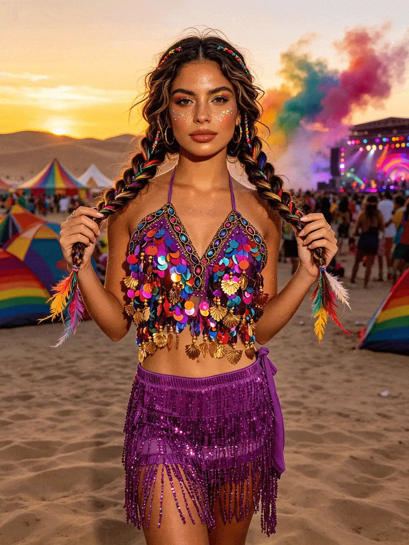 Áo hai dây crop top vỏ sò đính sequin nhiều màu kèm chân váy hông tua rua sequin, phù hợp cho lễ hội Carnival, lễ hội âm nhạc sa mạc và lễ hội EDM (có nhiều màu sắc) - Nhiều màu - Xem 3