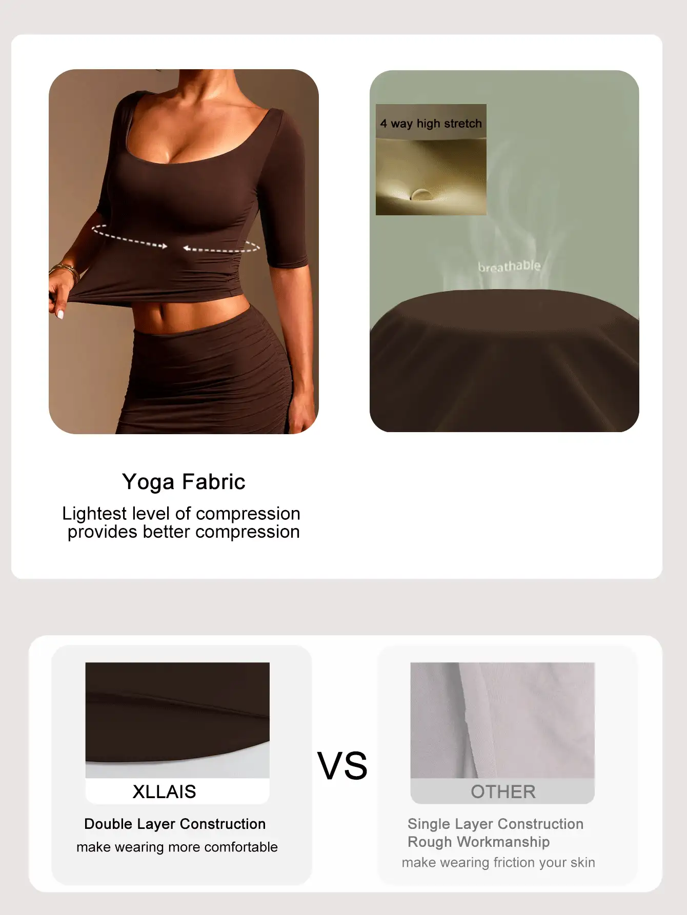 XLLAIS Sexy Sweetheart Neck Yoga Basic High Elasticity Naked Feel Slim Fit Brown 3/4 Sleeve Summer Sports T-Shirt Casual Back To School Style - Dark Brown - View 5
