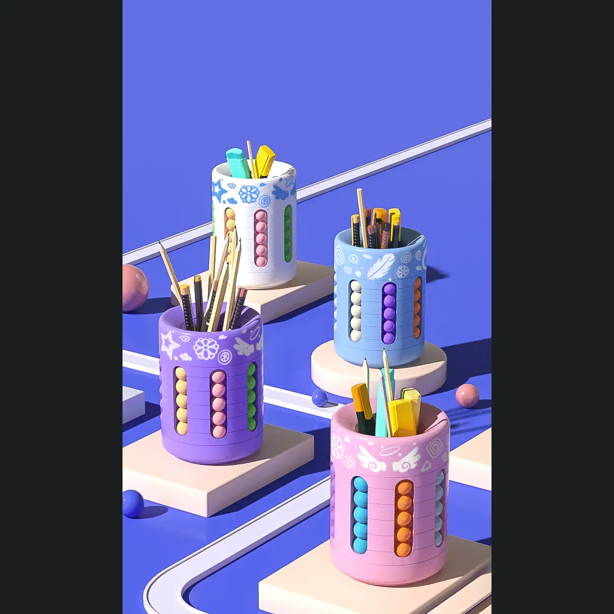 1pc Creative Rotating Pen Holder Gear Cube Finger Spinner Colorful Magic Beans. It Is Both A Desktop Stationery Storage Container And A Stress Reliever (The Beads Can Be Rotated Freely) - Multicolor - View 9