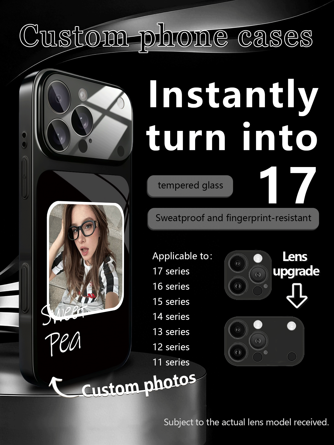 1pc DIY Photo Customized Name Luxury Fashion Large Window Tempered Glass With Lens Protection Matte Anti-Drop Phone Case Compatible With IPhone 17/17Pro/17ProMax/17Air/16/16Pro/16ProMax/16Plus/15/15Plus/15Pro/15ProMax/14/14Plus/14Pro/14ProMax/13/13Pro/13ProMax/12/11 Phone Accessories Full Coverage Premium Protective Cover - Black - View 2