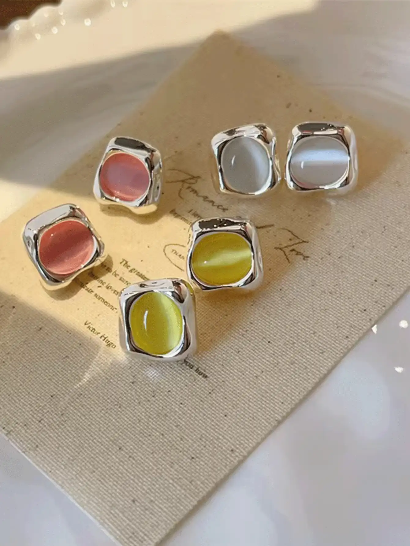 Oval Cat's Eye Silver Trim Stud Earrings Multi-Color Optional Soft Square Edge Polished Alloy Daily Commute Dating Jewelry - Rounded Square - View 2