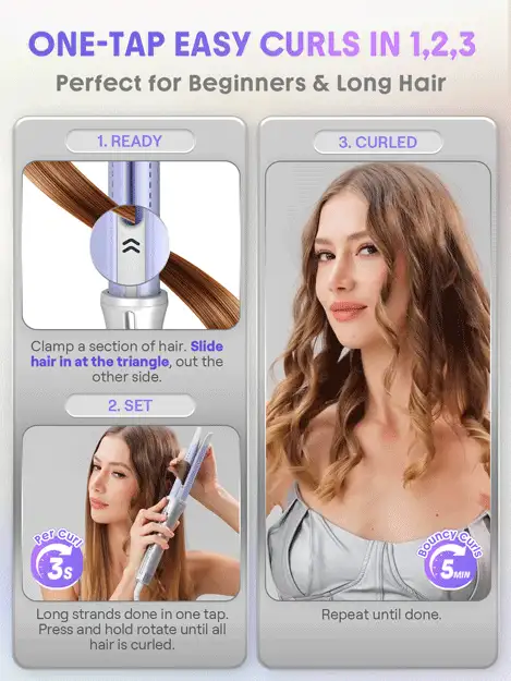 SHEGLAM HAIR 一鍵氣流造型器 Pro-25mm+亮澤強力造型棒,冷風自動旋轉捲髮棒,360°冷風一鍵調節,5檔溫度自動斷電,雙電壓,適用於所有髮質 - 查看 3