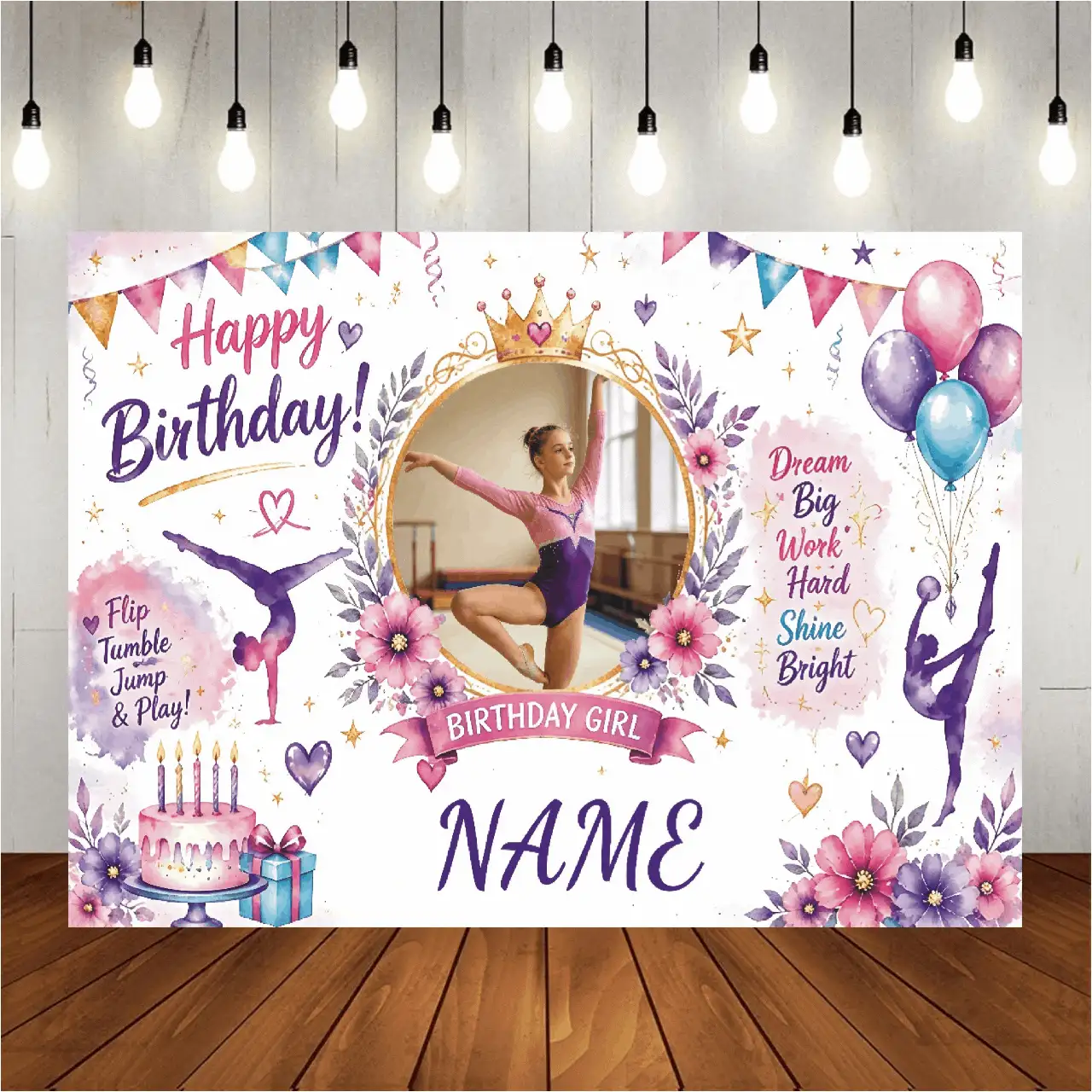 Customizable Name Photo Age Gymnastics Girl & Ballerina Theme Happy Birthday Watercolor Gymnastics Pose Silhouette, Triangle Bunting, Balloons, Floral Cake Elements, Encouraging Slogan Matching Gymnastics Dream Theme, Suitable For Gymnastics & Ballet Girl Birthday Party, Training Team Celebration, Sports Theme Photo Backdrop Vinyl Banner - Multicolor - View 2