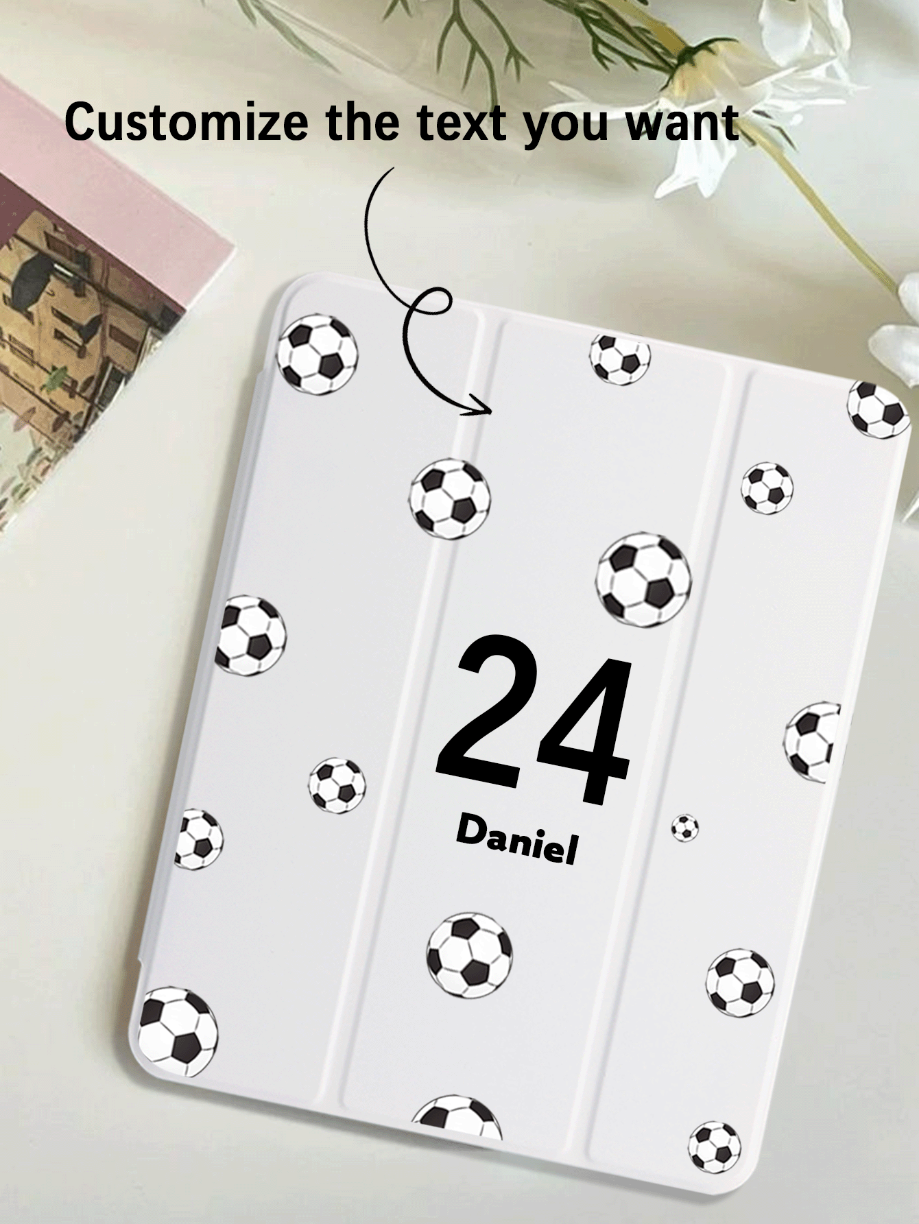 1pc Soccer Pattern Black & White Colorful Tablet Case, Custom Text Personalized Tablet Cover, Clear Color Printed Image, Suitable For IPad Mini4/Mini5/Mini6/Mini7/Air/Air2/9.7/10.2/10.5/Air4/Air5/10.9/Pro 11"/10th Gen/ Air 11-In.(M2)-2024/ Pro11-In.(M4) Models, Galaxy Tab A8 10.5 Inch 2022 Model, Product Does Not Include Pen, Built-In Pen Slot, Three-Fold Stand, TPU Soft Edge Protection Anti-Drop Wear-Resistant, Magnetic Sleep/Wake, Personalized/Minimalist, Foldable Tablet Case Three-Fold Tablet Cover With Pen Slot - Black and White - View 3