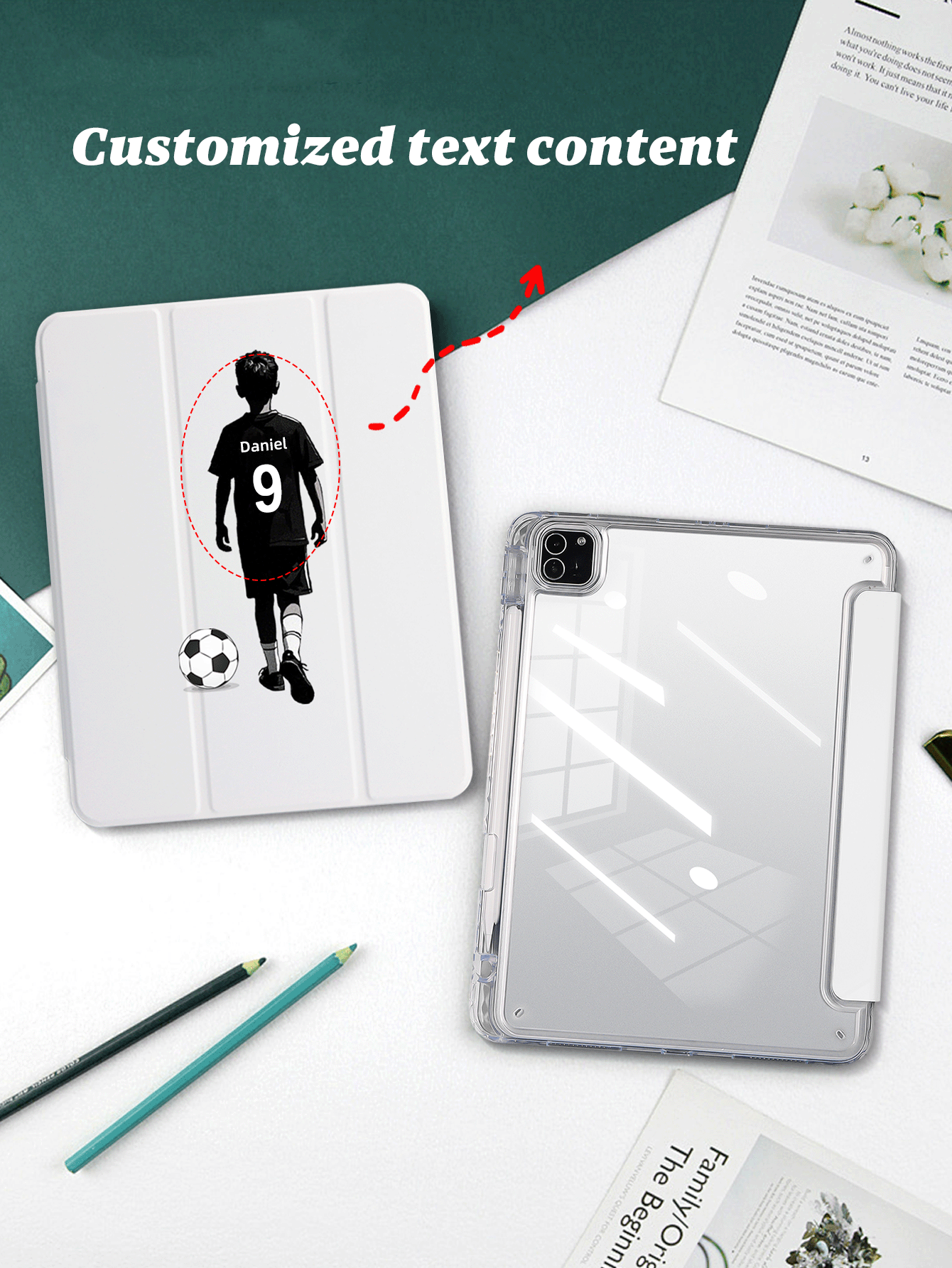 1pc Soccer Boy Pattern Black & White Colorful Painting Tablet Case, Fully Transparent Acrylic Back Shell, Tri-Fold, Text Customizable, Personalized Text Customization, Clear Color Printing Image, Suitable For IPad Models, Built-In Pen Slot, High Transparency Acrylic Back Shell Anti-Bend Anti-Scratch Anti-Drop, Tri-Fold Adjustable Stand, Magnetic/Auto Sleep/Wake, Minimalist/Personalized, Tablet Protective Case Flip Cover, Product Does Not Include Pen - Black and White - View 2