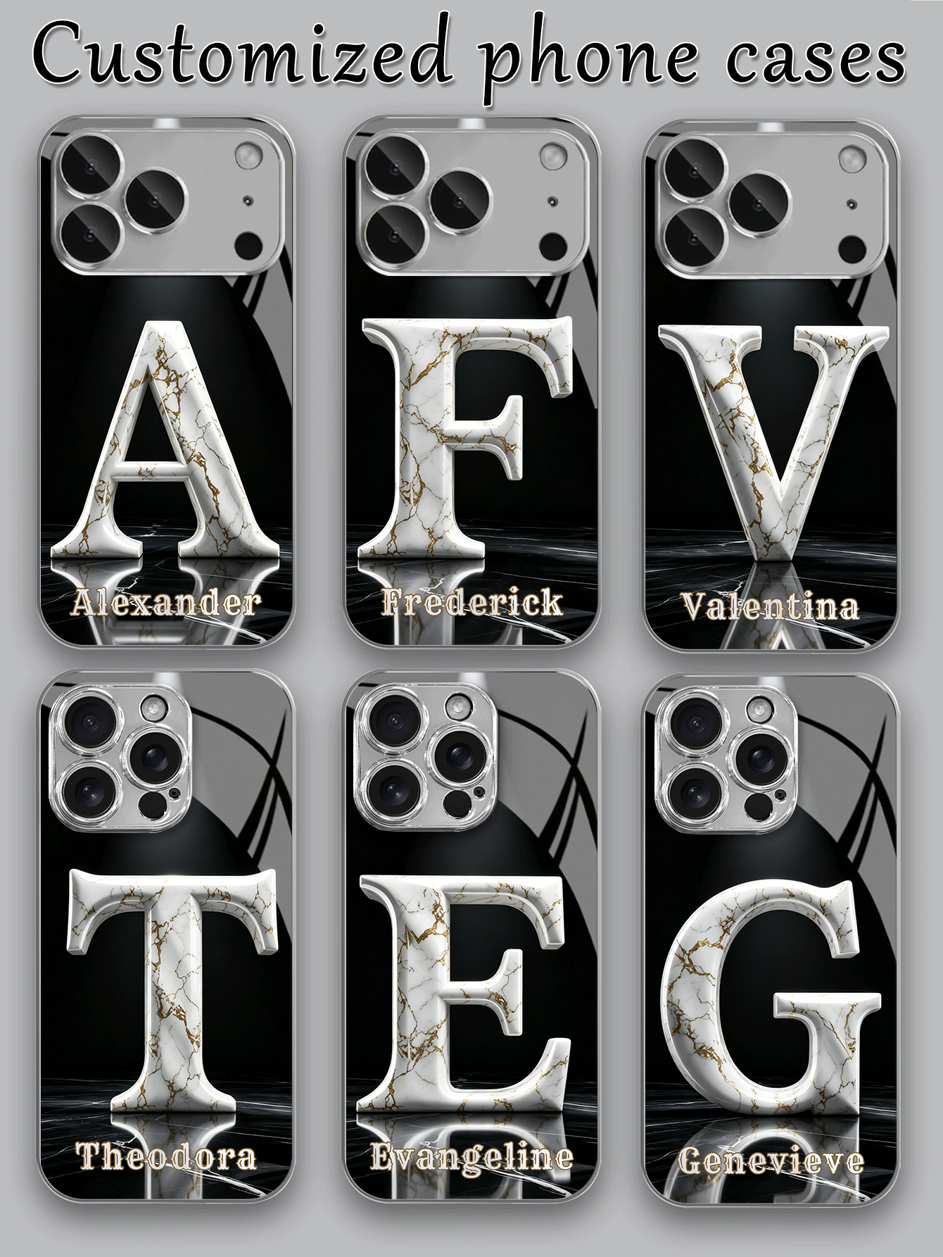 1pc DIY Marble Pattern Initial & Name Customized High Definition Electroplated Silver Glass Phone Case Compatible With Apple 17ProMax/16 Pro Max/15/14 Plus/13 Pro/12 Pro Max/11/XsMax/8/7/6Plus Phone Accessories, Fashionable, Colorful, Cute, Interesting, Minimalist, Matching Phone Case - Silver - View 2